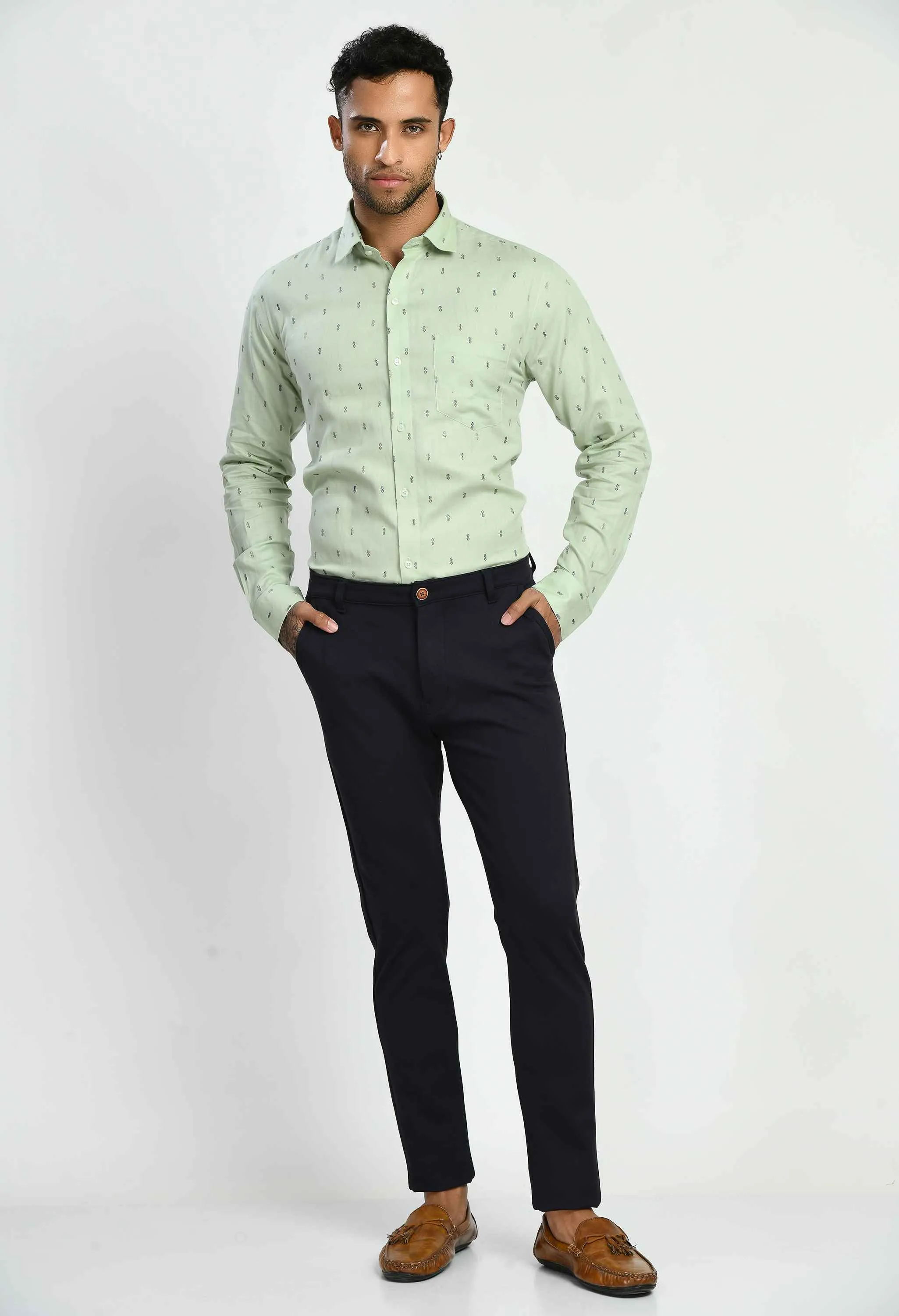 Men's Printed Sea Green Cotton Formal Shirt