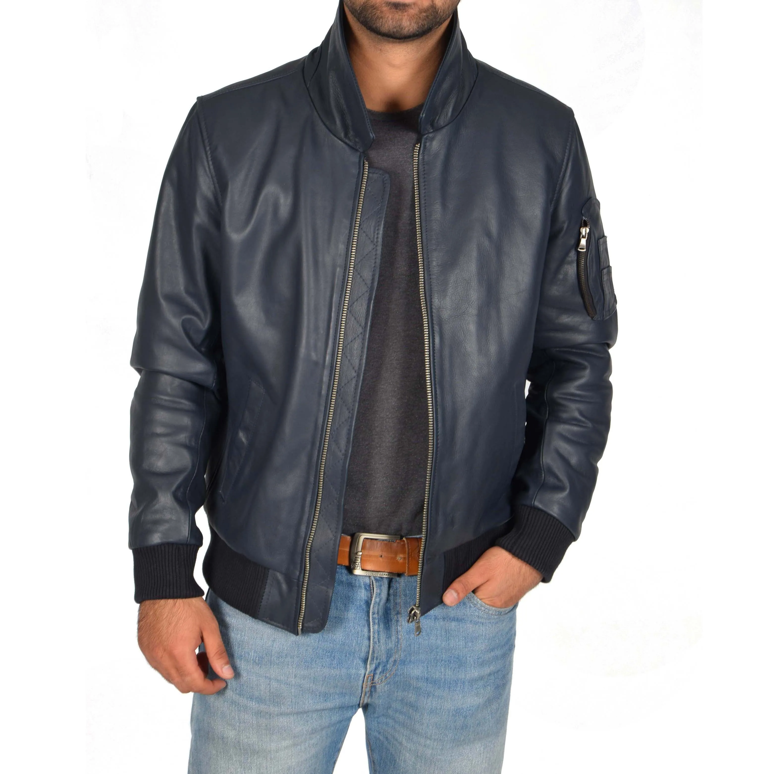 Mens Real Cowhide Bomber Leather Pilot Jacket Lance Navy