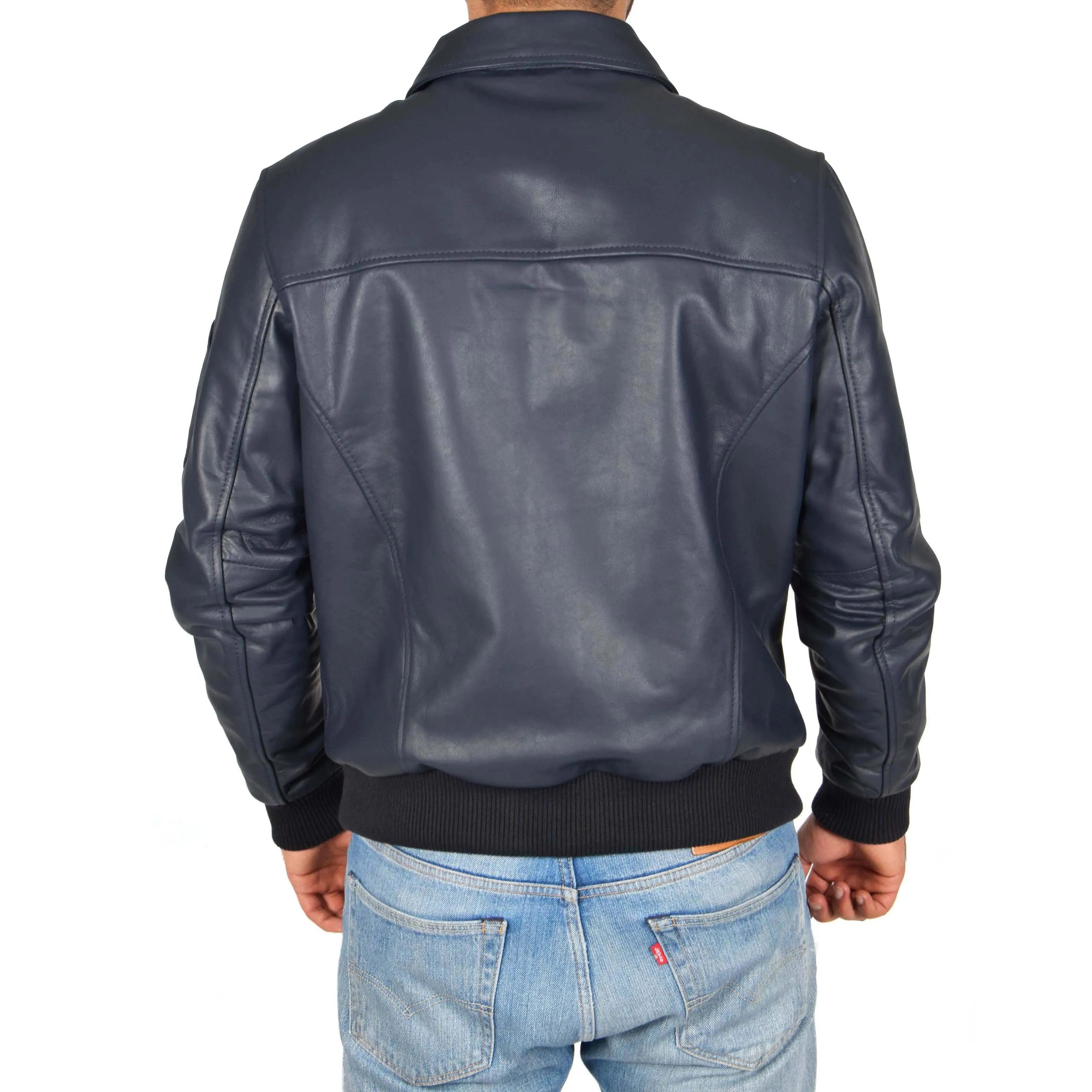 Mens Real Cowhide Bomber Leather Pilot Jacket Lance Navy