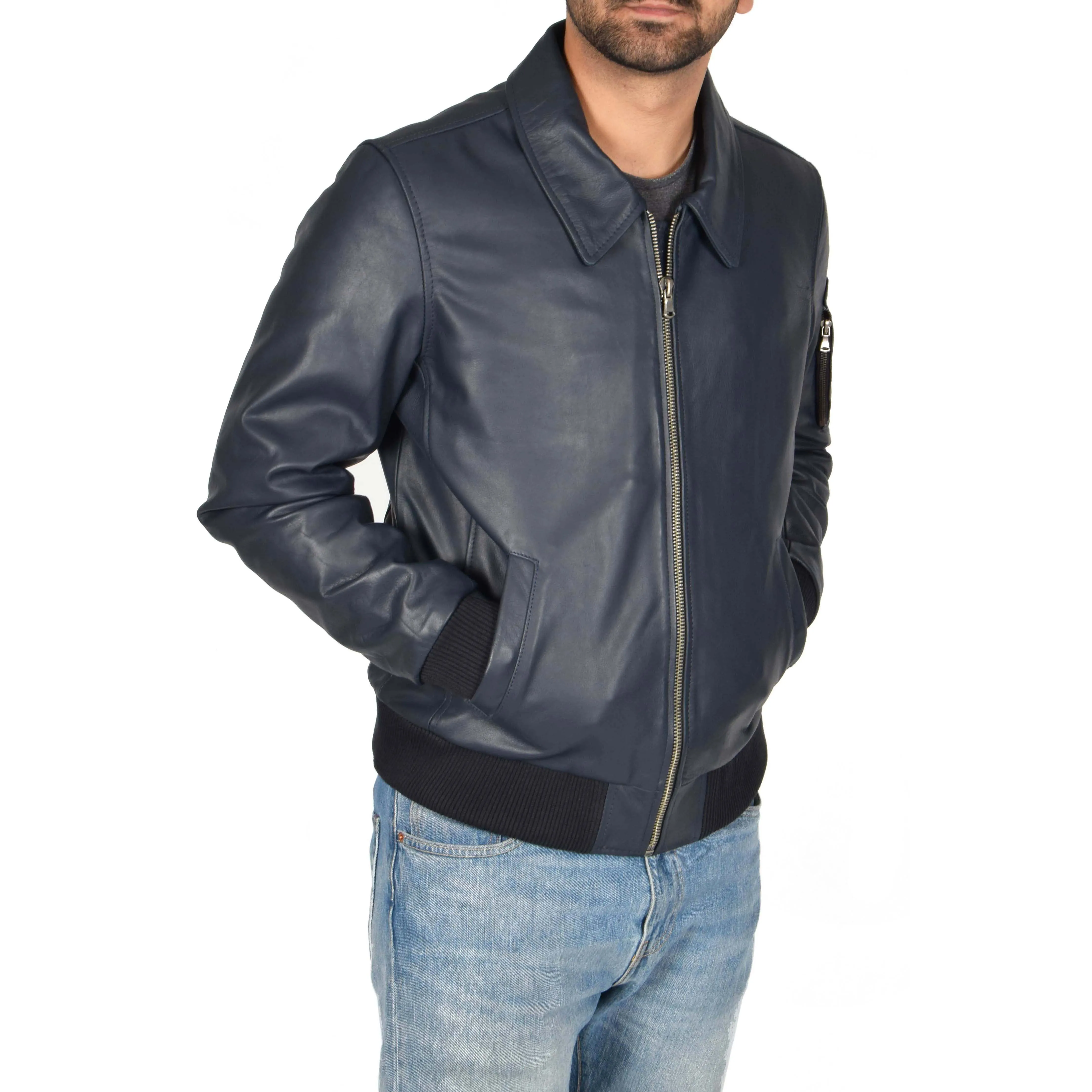 Mens Real Cowhide Bomber Leather Pilot Jacket Lance Navy