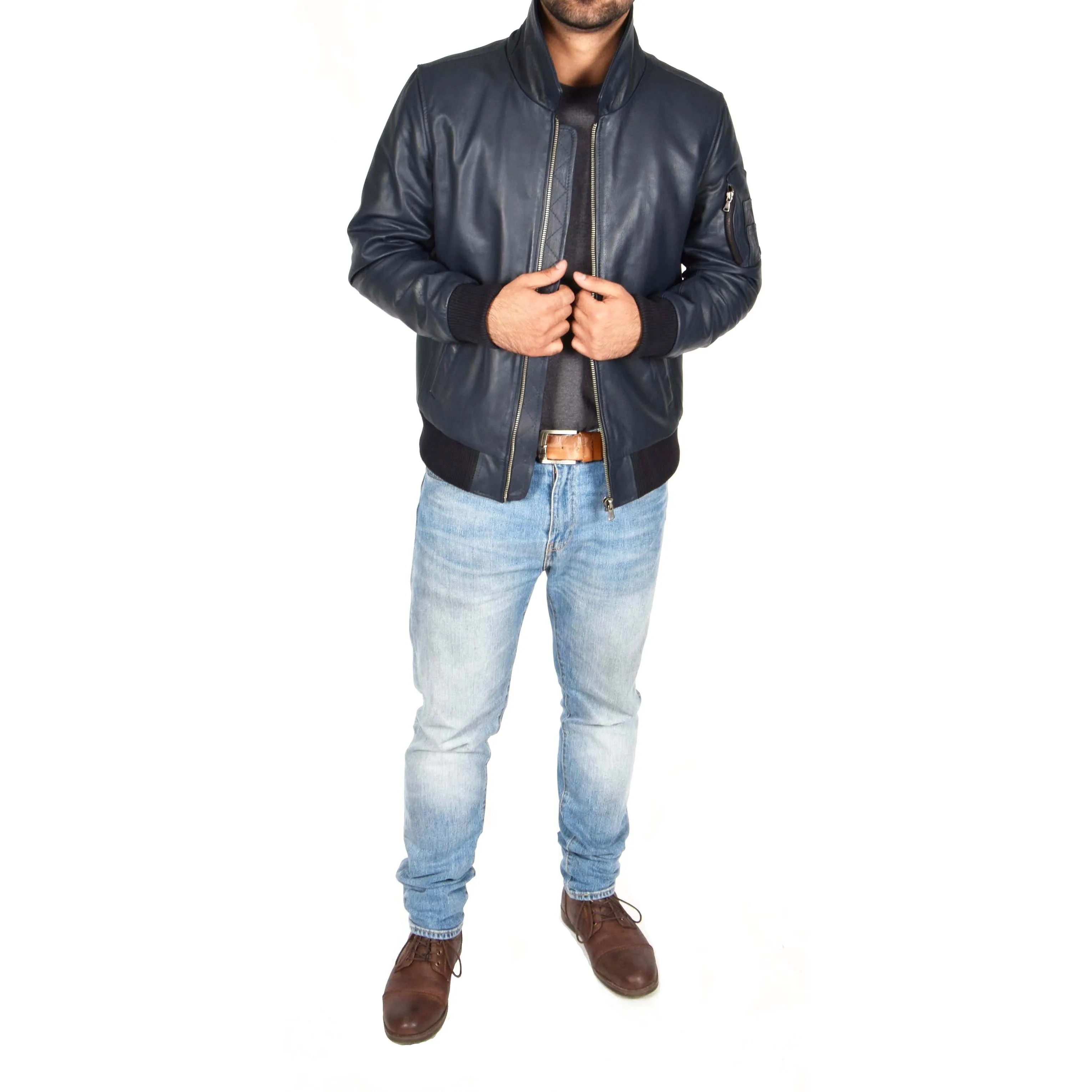 Mens Real Cowhide Bomber Leather Pilot Jacket Lance Navy