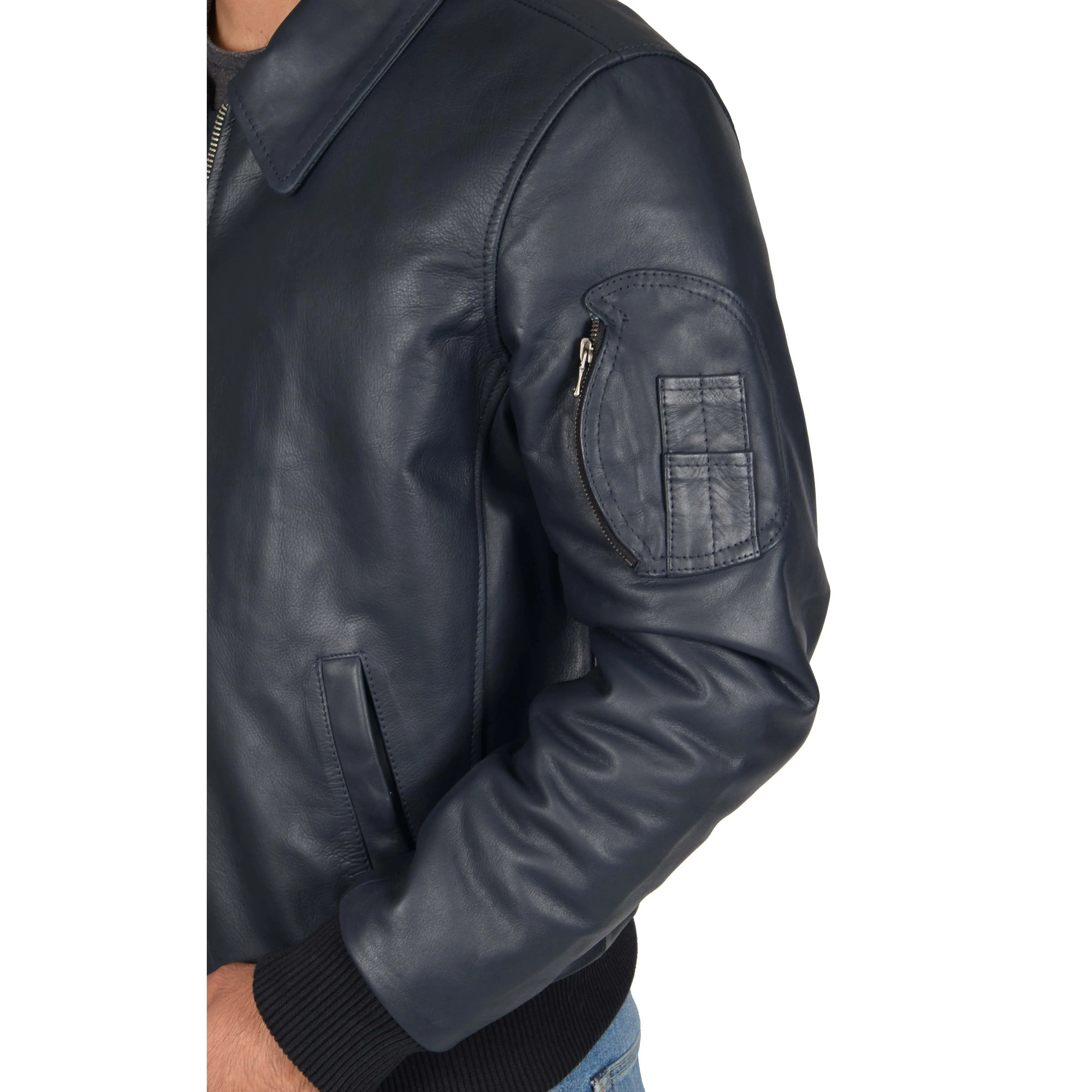 Mens Real Cowhide Bomber Leather Pilot Jacket Lance Navy