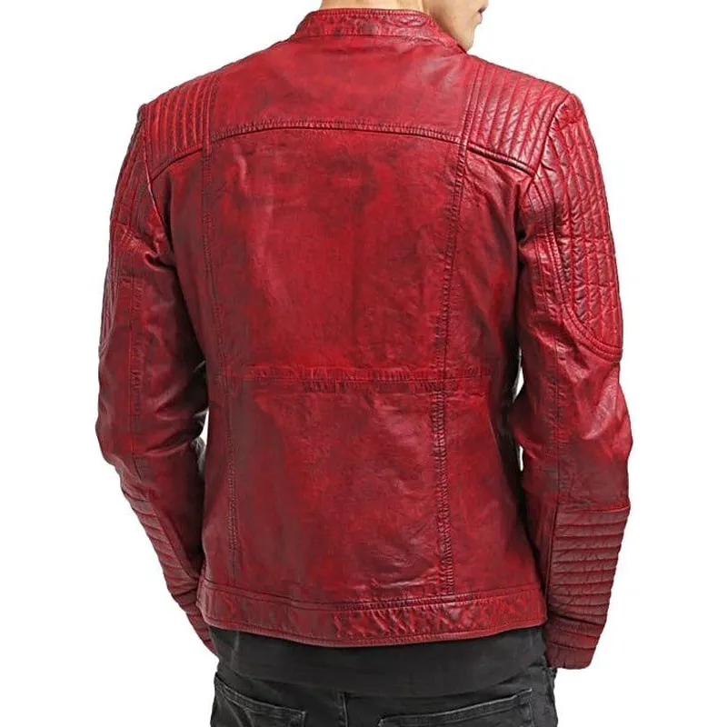 Mens Sheepskin Leather Cafe Racer Biker Jacket Red/Maroon