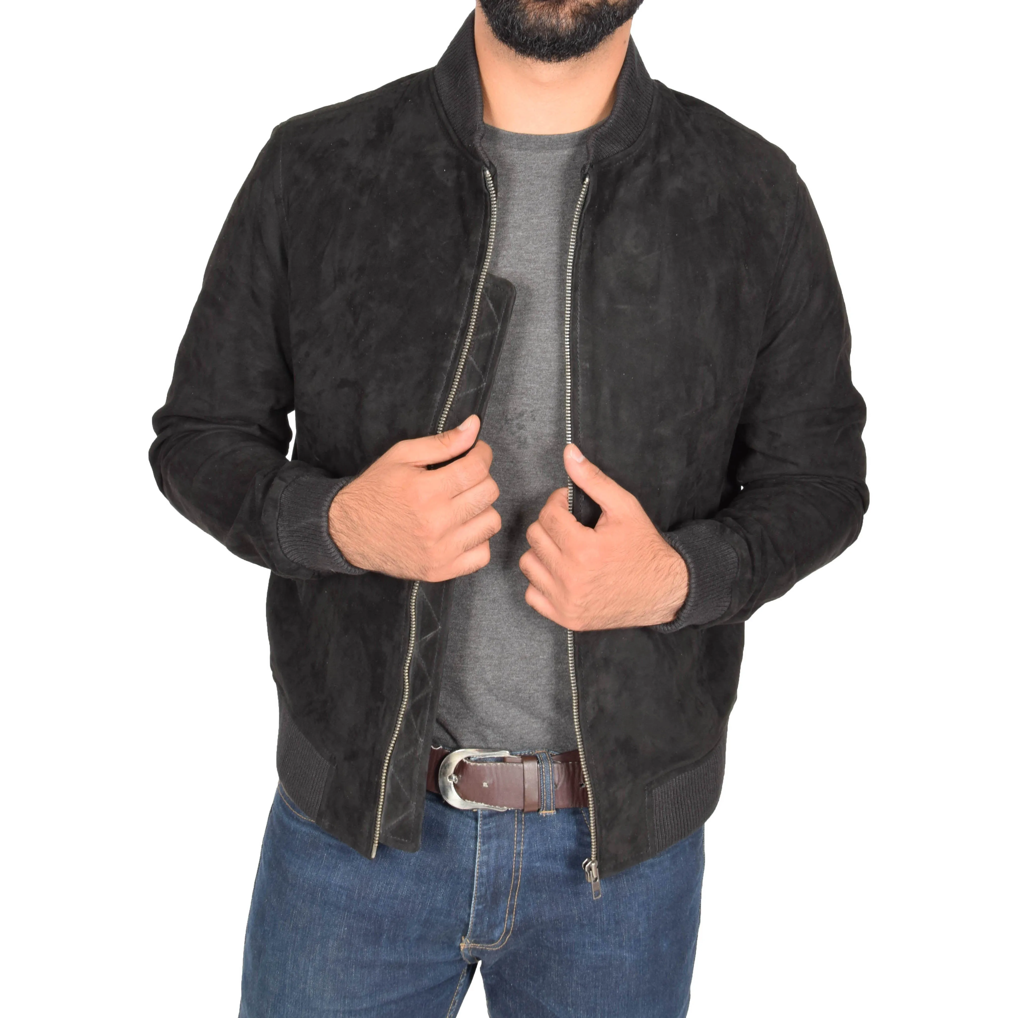 Mens Soft Goat Suede Bomber Varsity Baseball Jacket Blur Black