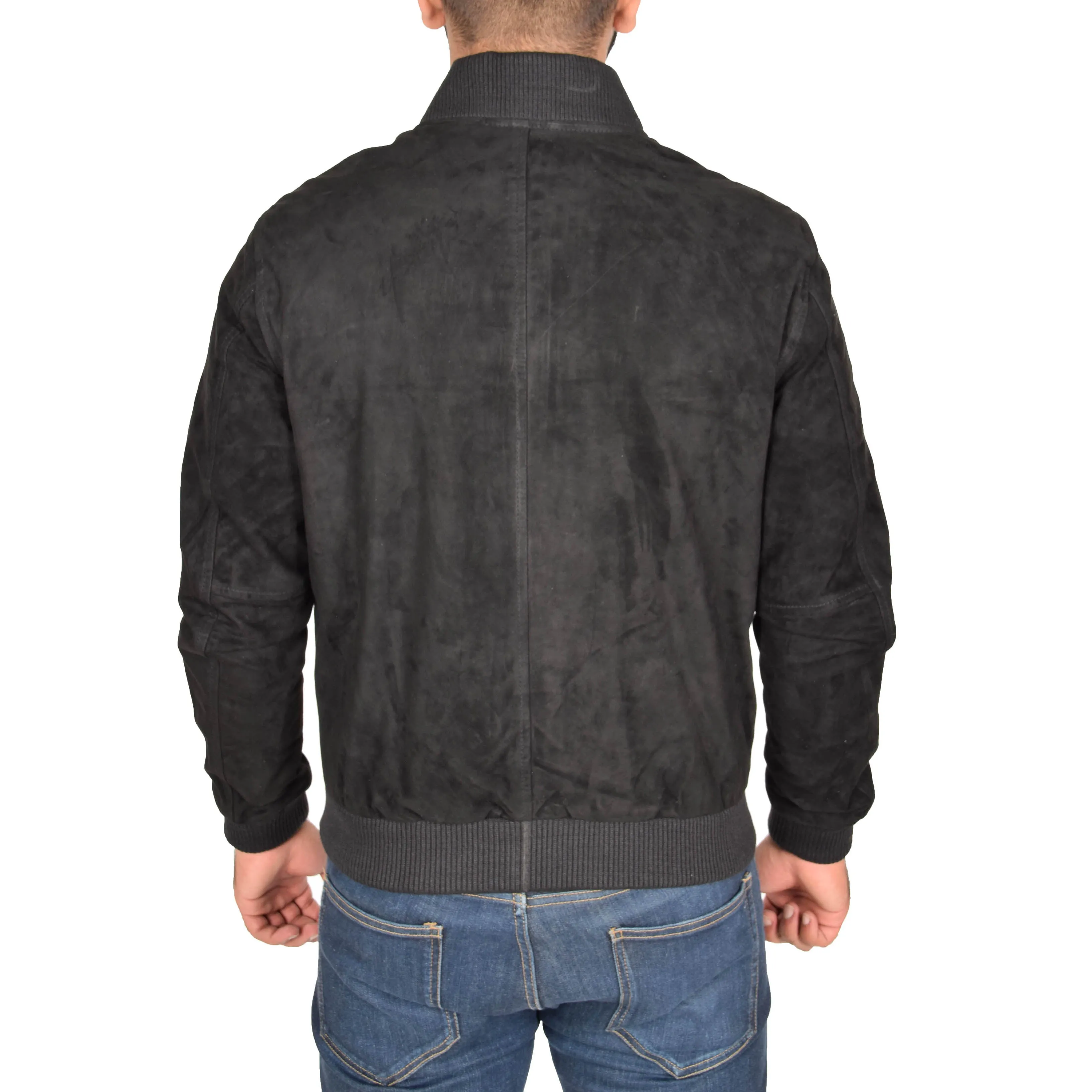 Mens Soft Goat Suede Bomber Varsity Baseball Jacket Blur Black