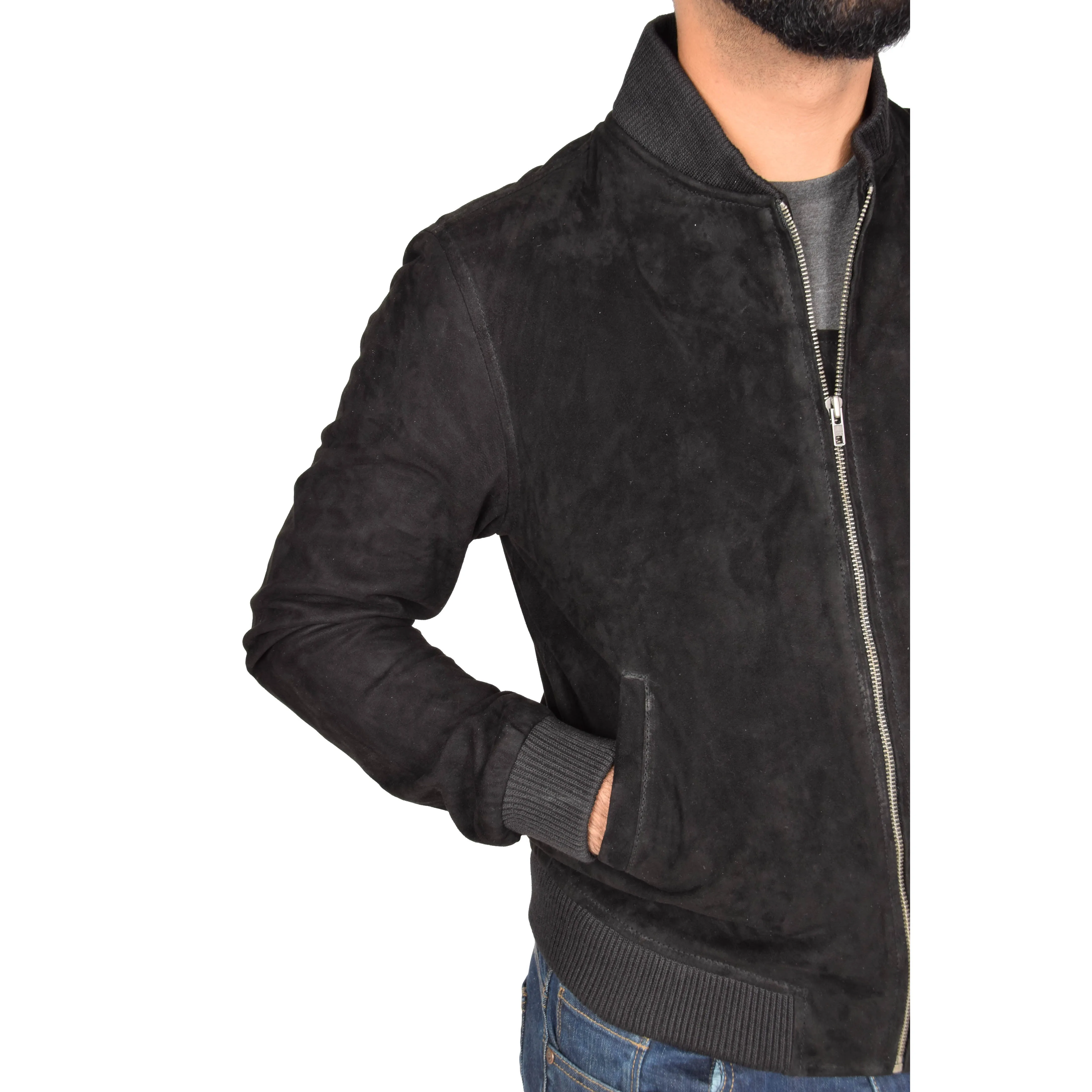 Mens Soft Goat Suede Bomber Varsity Baseball Jacket Blur Black