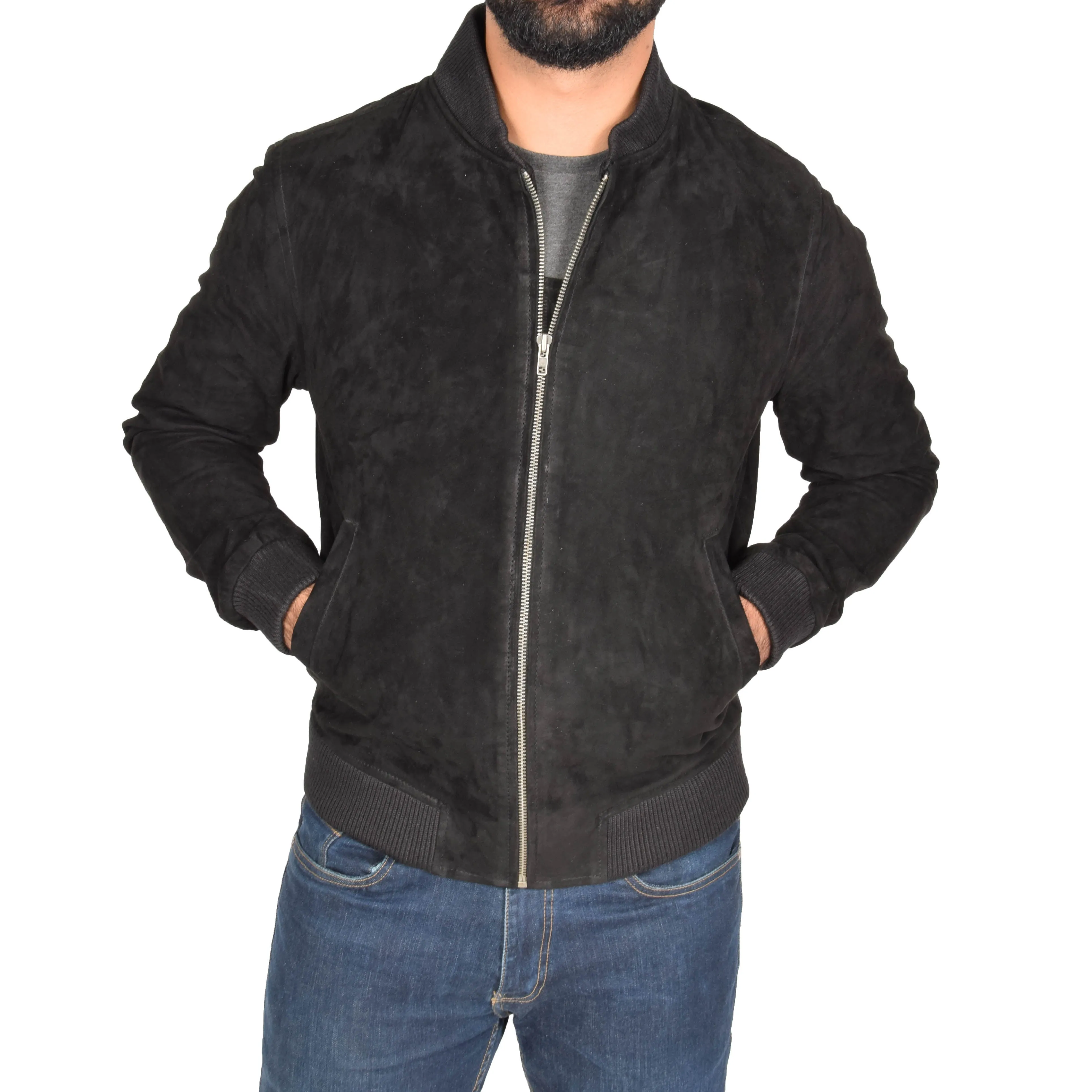 Mens Soft Goat Suede Bomber Varsity Baseball Jacket Blur Black