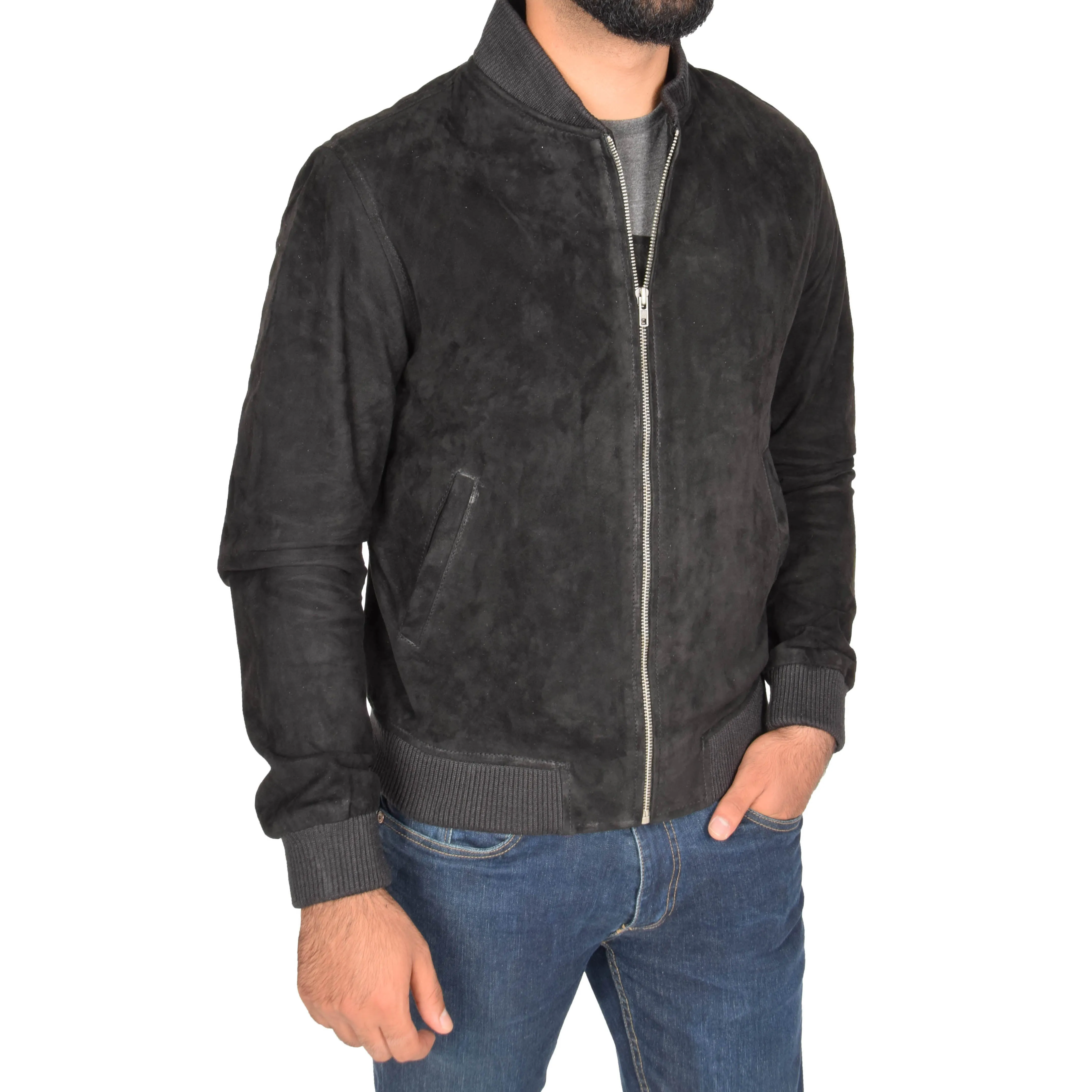 Mens Soft Goat Suede Bomber Varsity Baseball Jacket Blur Black