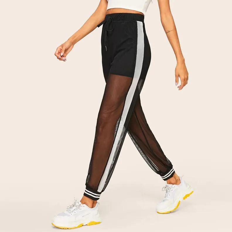 Mesh Overlay Striped Sheer Sweatpants