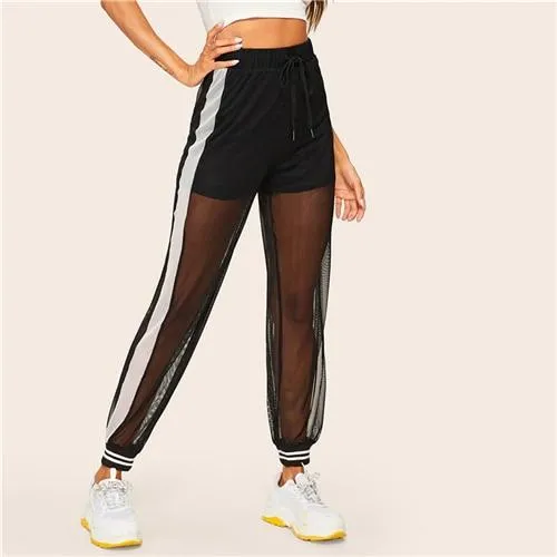 Mesh Overlay Striped Sheer Sweatpants