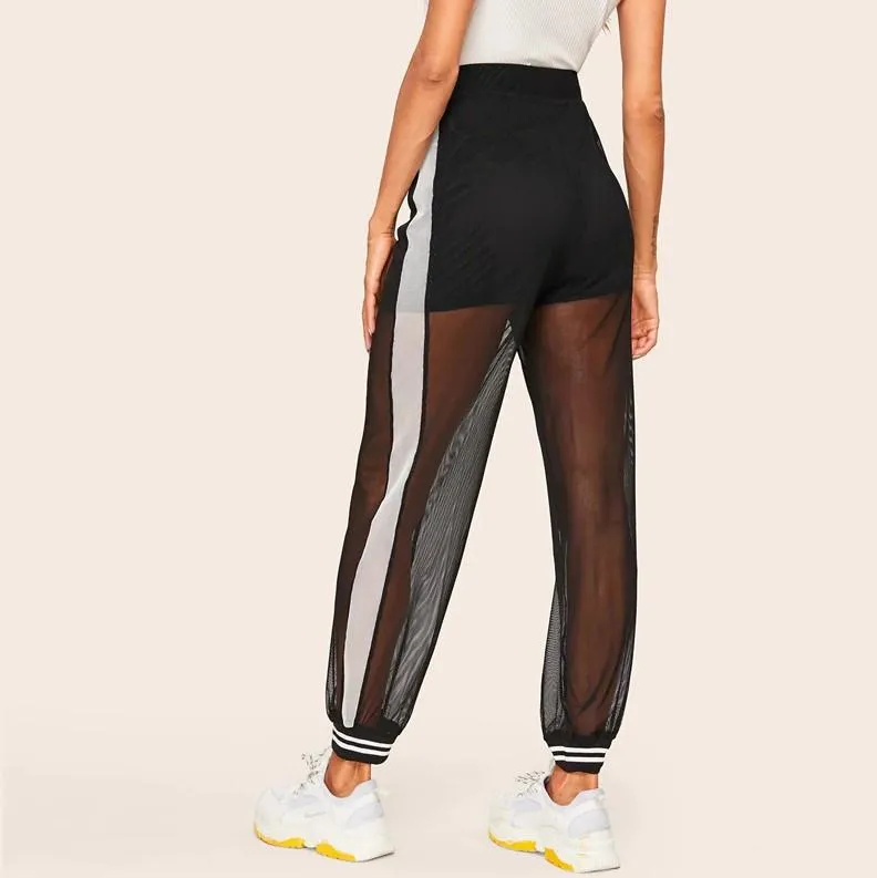 Mesh Overlay Striped Sheer Sweatpants