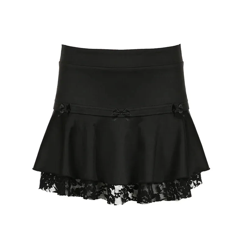 Metaversmall Fashion Chic Black Lace Spliced Summer Skirt for Women Streetwear Gothic Dark A-Line Mini Skirts Bow Stitch Outfits