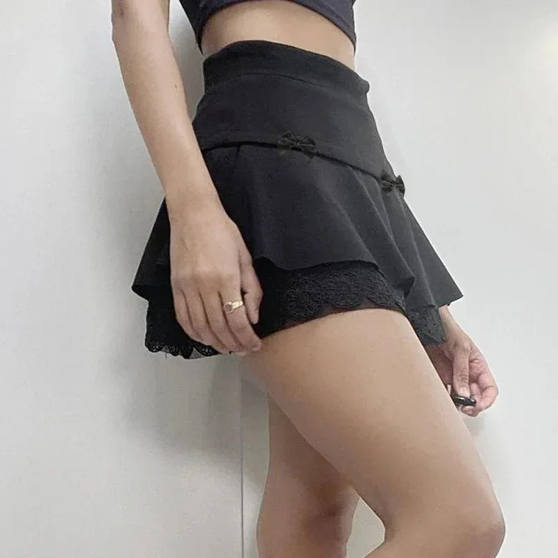 Metaversmall Fashion Chic Black Lace Spliced Summer Skirt for Women Streetwear Gothic Dark A-Line Mini Skirts Bow Stitch Outfits