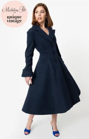 Micheline Pitt For Unique Vintage 1950s Style Navy Blue Neo-Noir Swing Coat (XS ONLY)