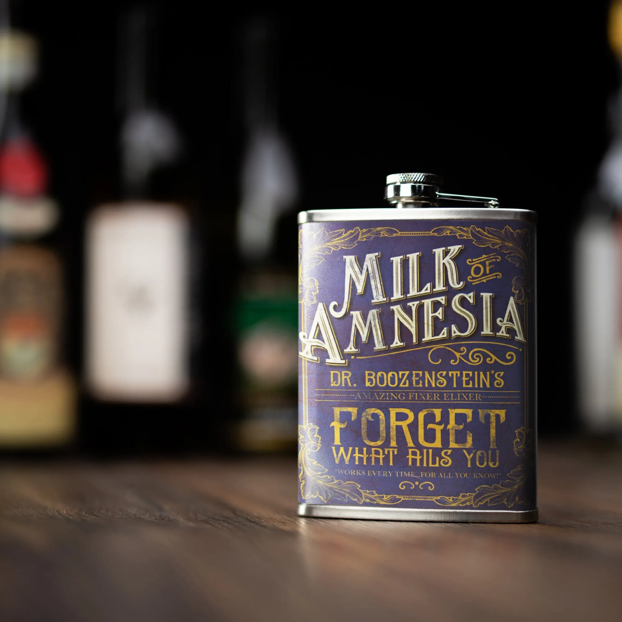 Milk of Amnesia Stainless Steel 8 oz Liquor Flask