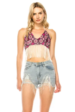 MOROCCAN PRINT LONG FRINGE HALTER TOP