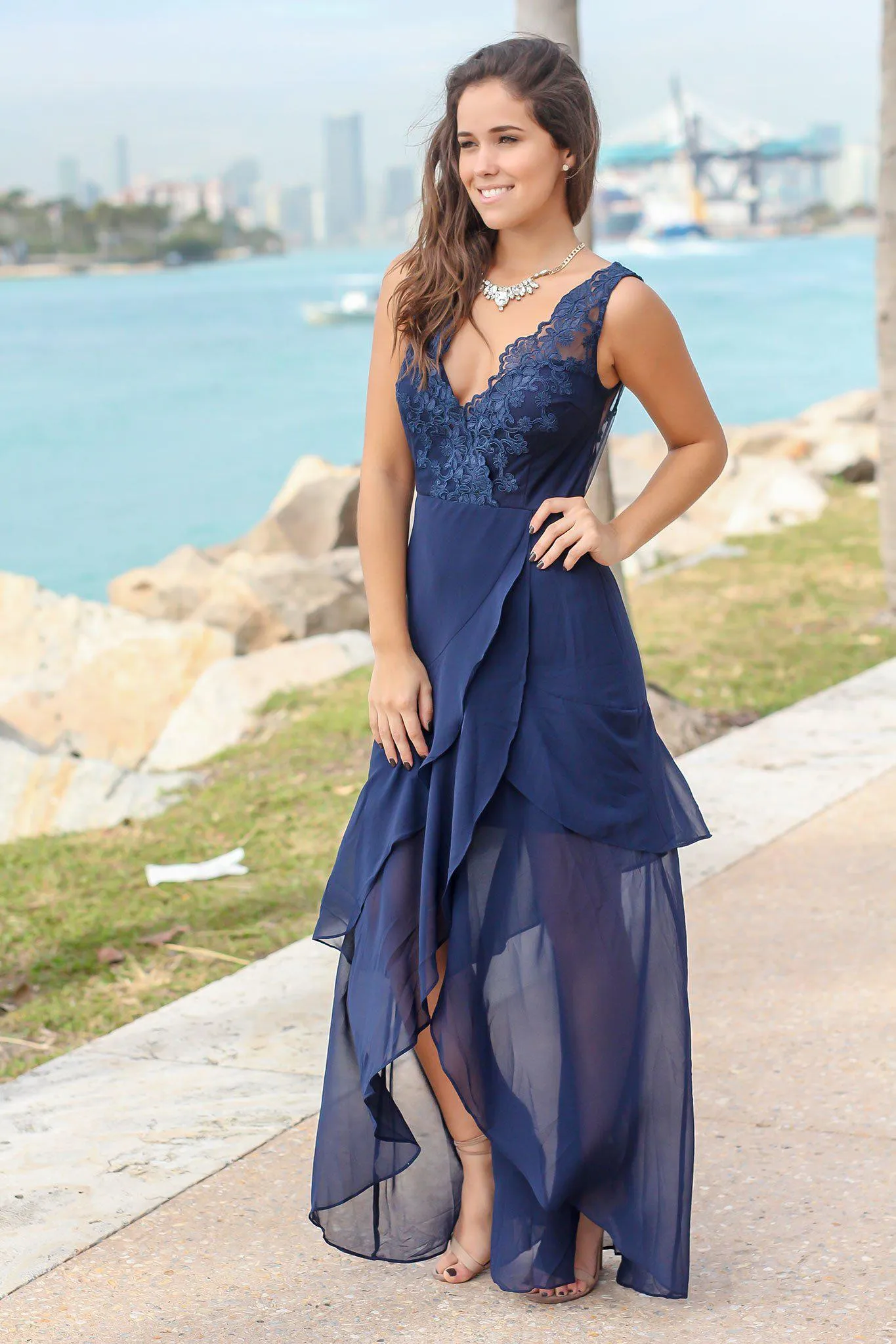 Navy Maxi Dress with Embroidered Top