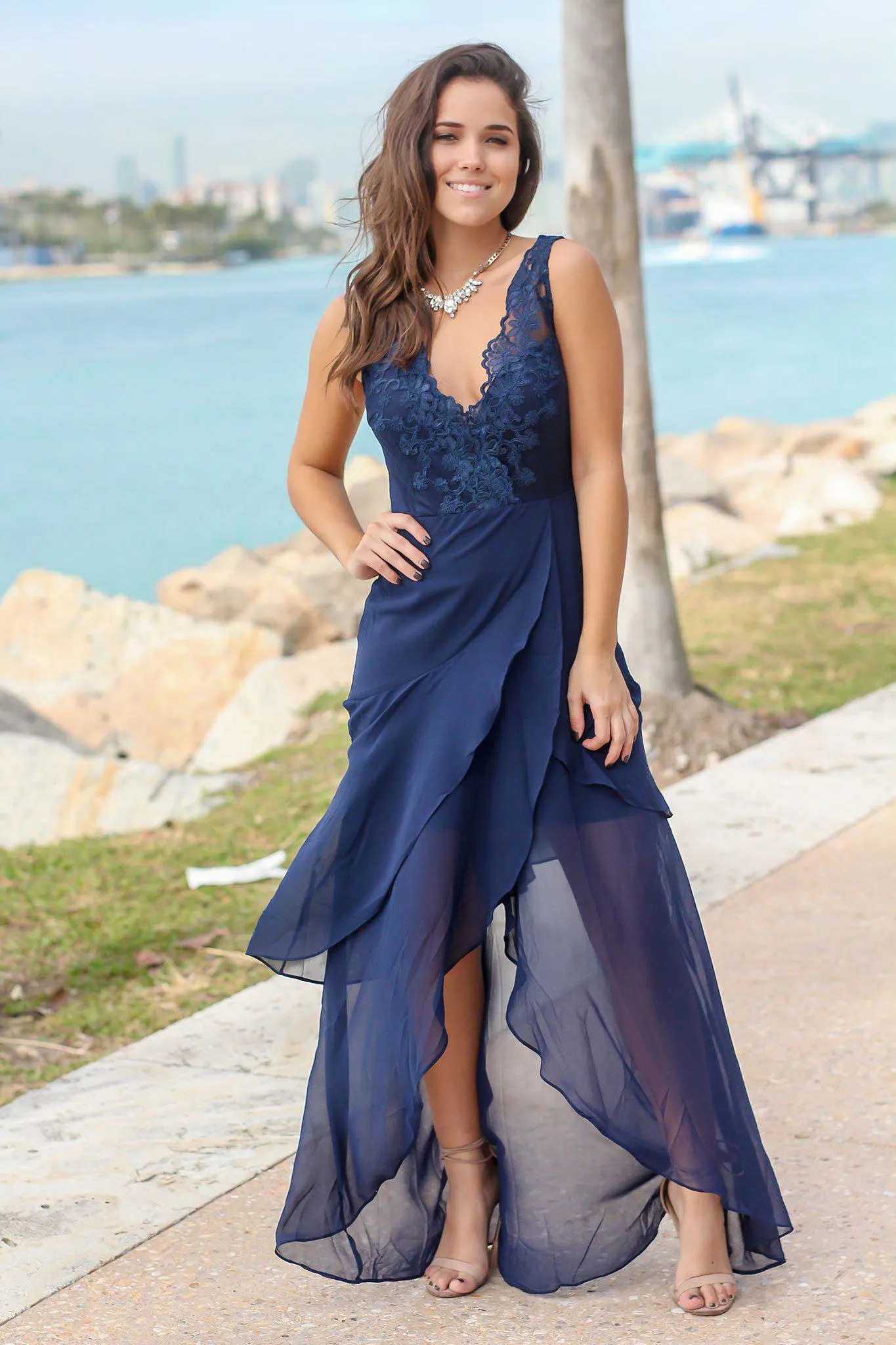 Navy Maxi Dress with Embroidered Top