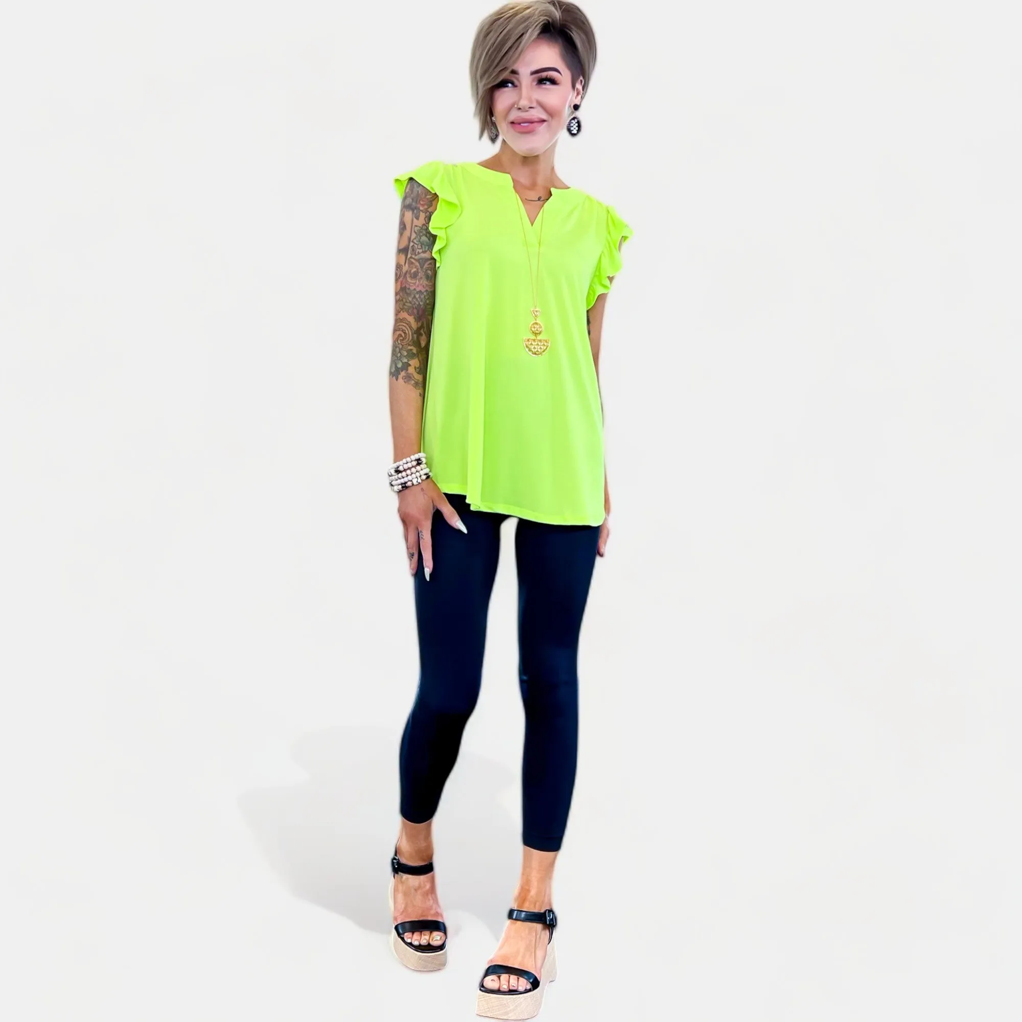 Neon Green Lizzy Flutter Sleeve Top [NO RETURNS]