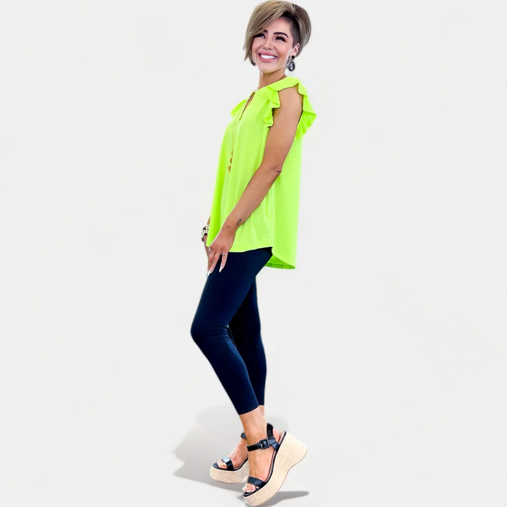 Neon Green Lizzy Flutter Sleeve Top [NO RETURNS]