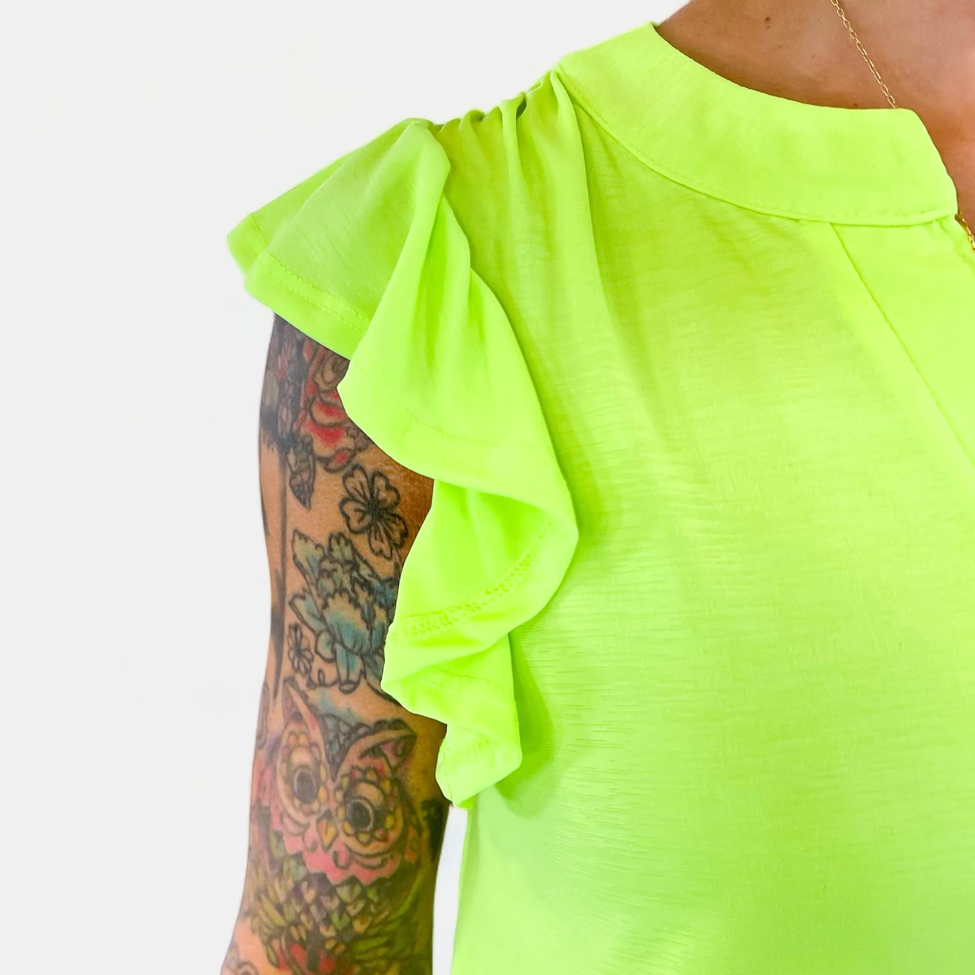 Neon Green Lizzy Flutter Sleeve Top [NO RETURNS]