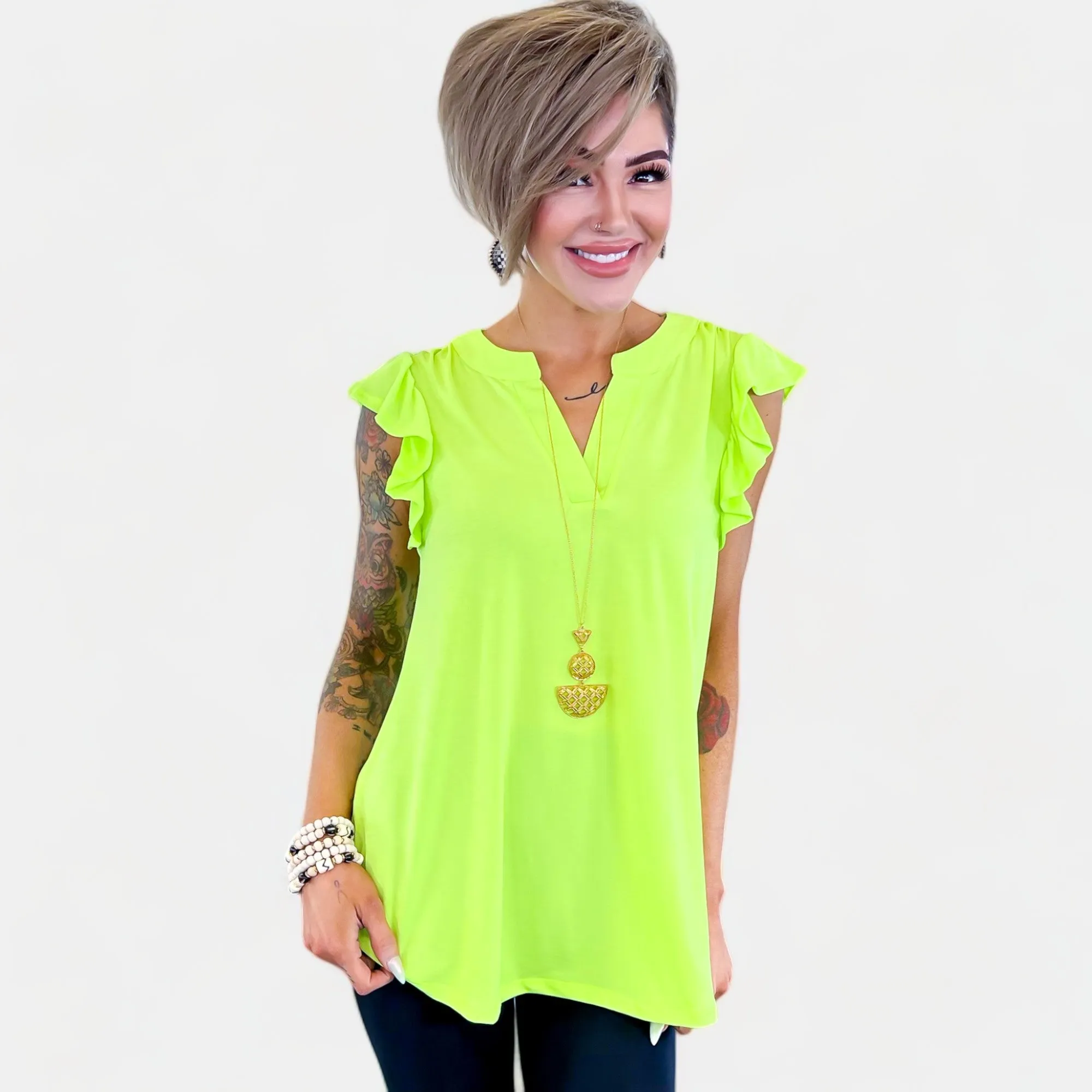 Neon Green Lizzy Flutter Sleeve Top [NO RETURNS]