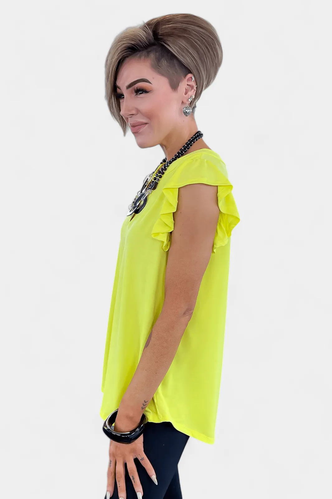 Neon Yellow Lizzy Flutter Sleeve Top [NO RETURNS]