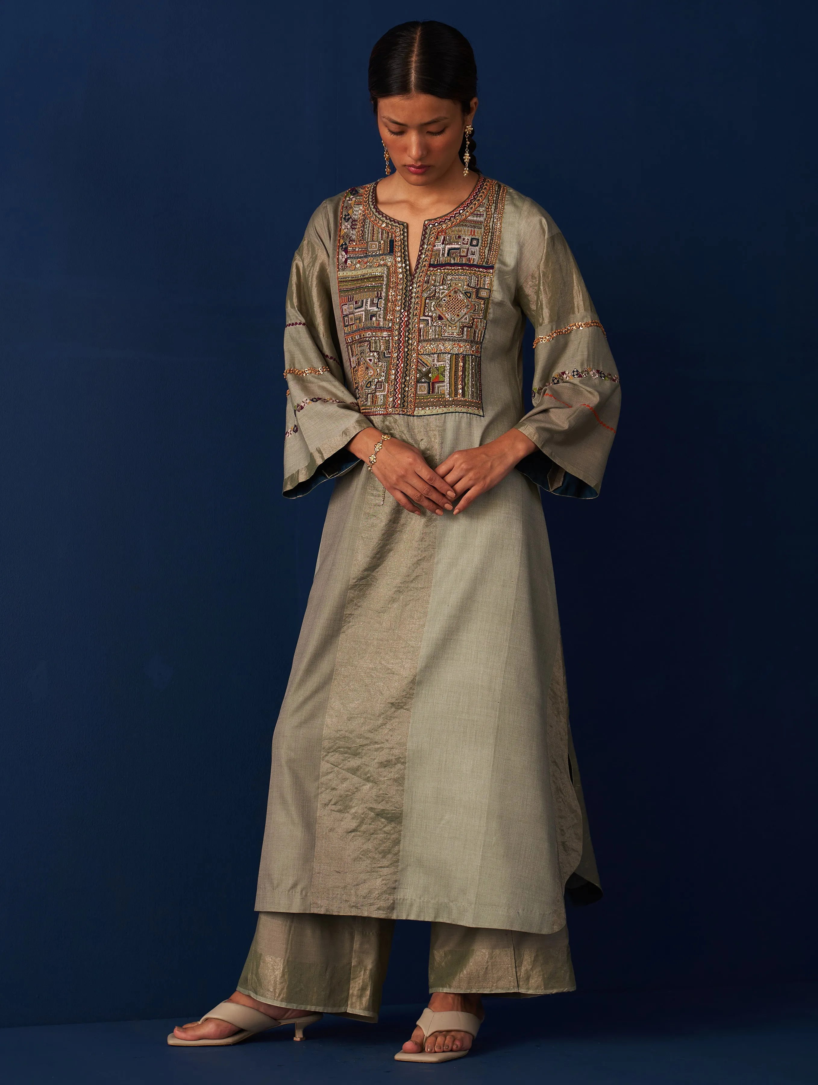 Nira Hand-Embroidered Silk Kurta - Sage Grey