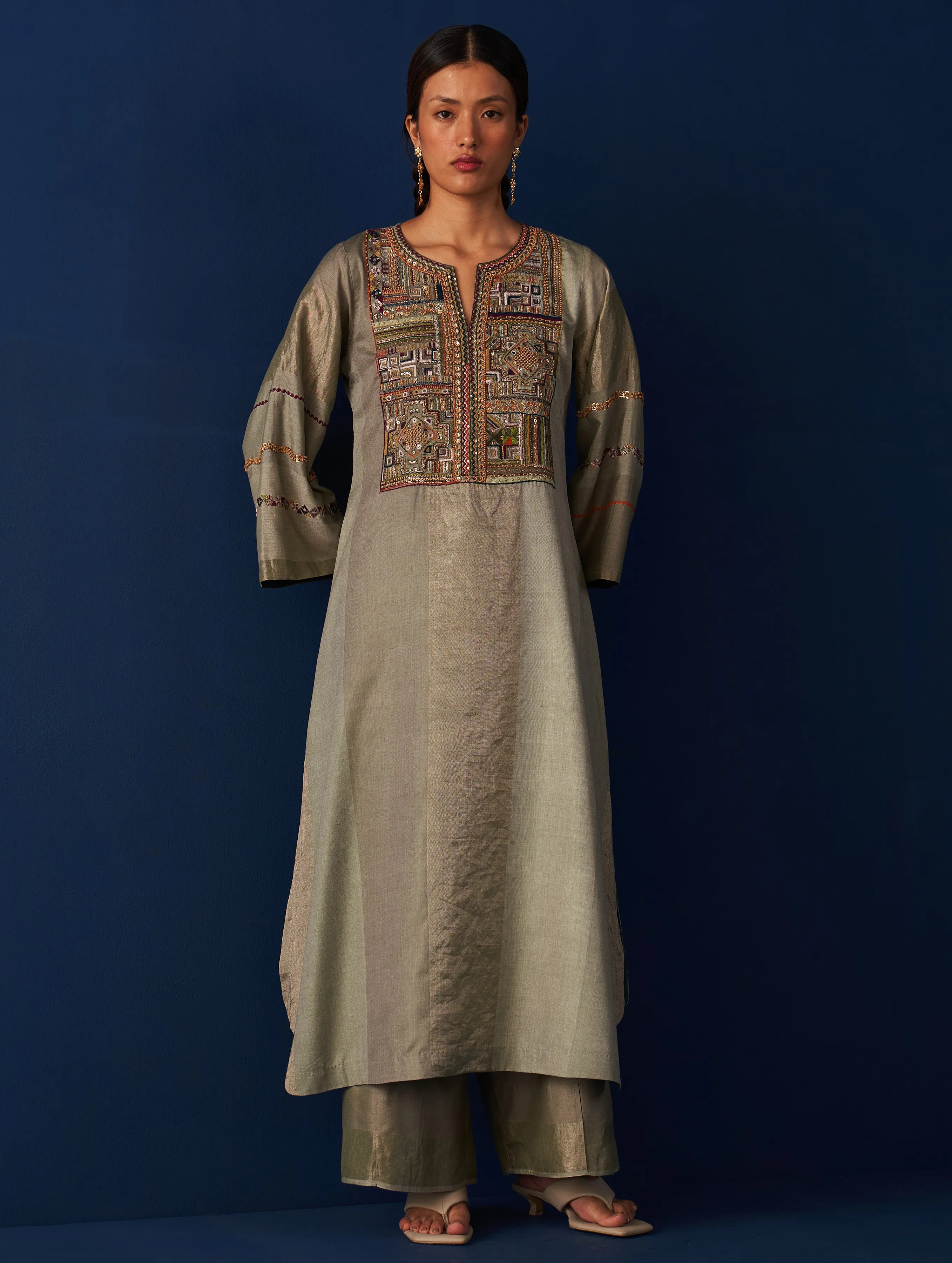 Nira Hand-Embroidered Silk Kurta - Sage Grey