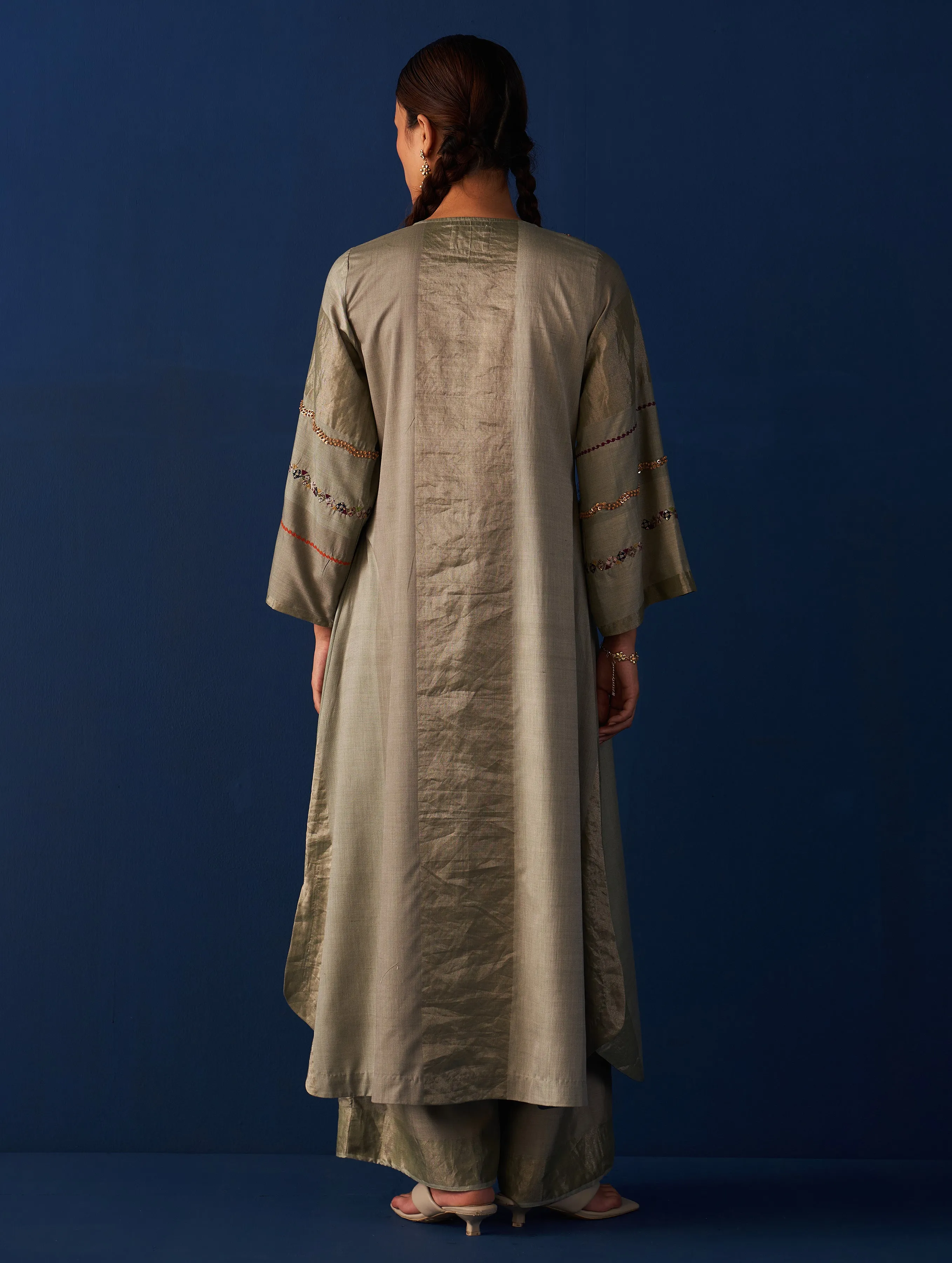 Nira Hand-Embroidered Silk Kurta - Sage Grey