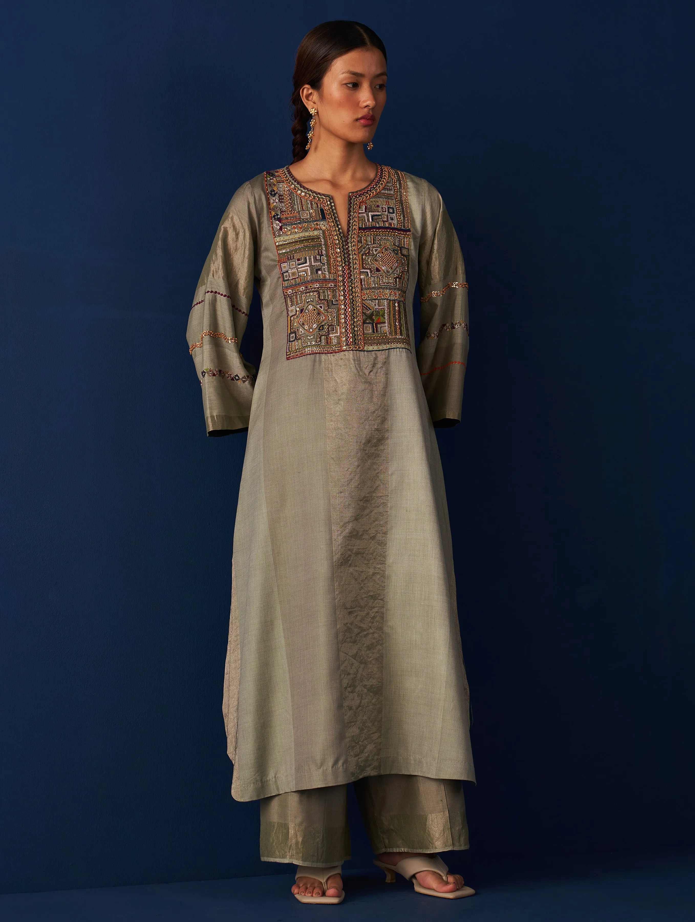 Nira Hand-Embroidered Silk Kurta - Sage Grey