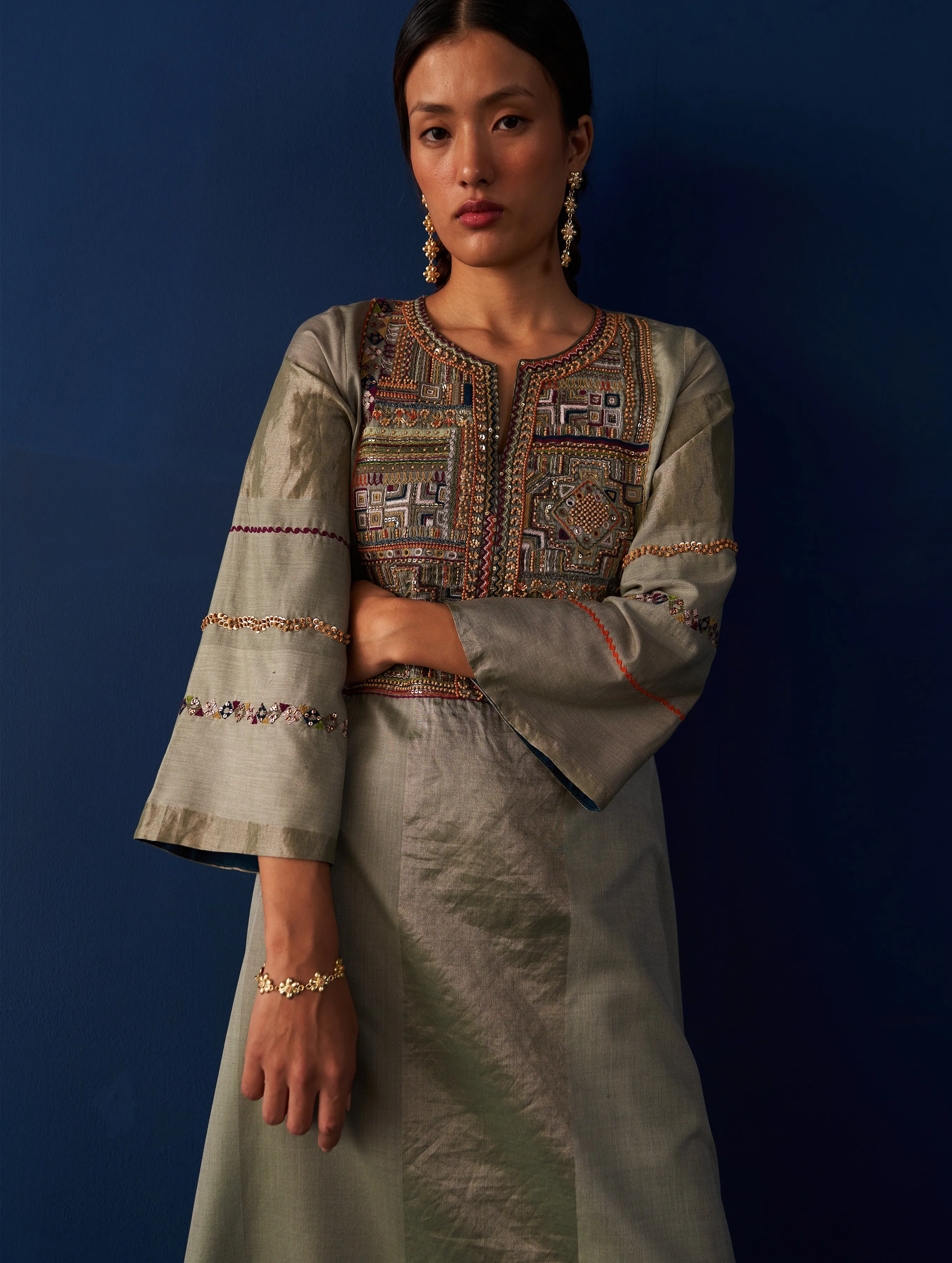 Nira Hand-Embroidered Silk Kurta - Sage Grey