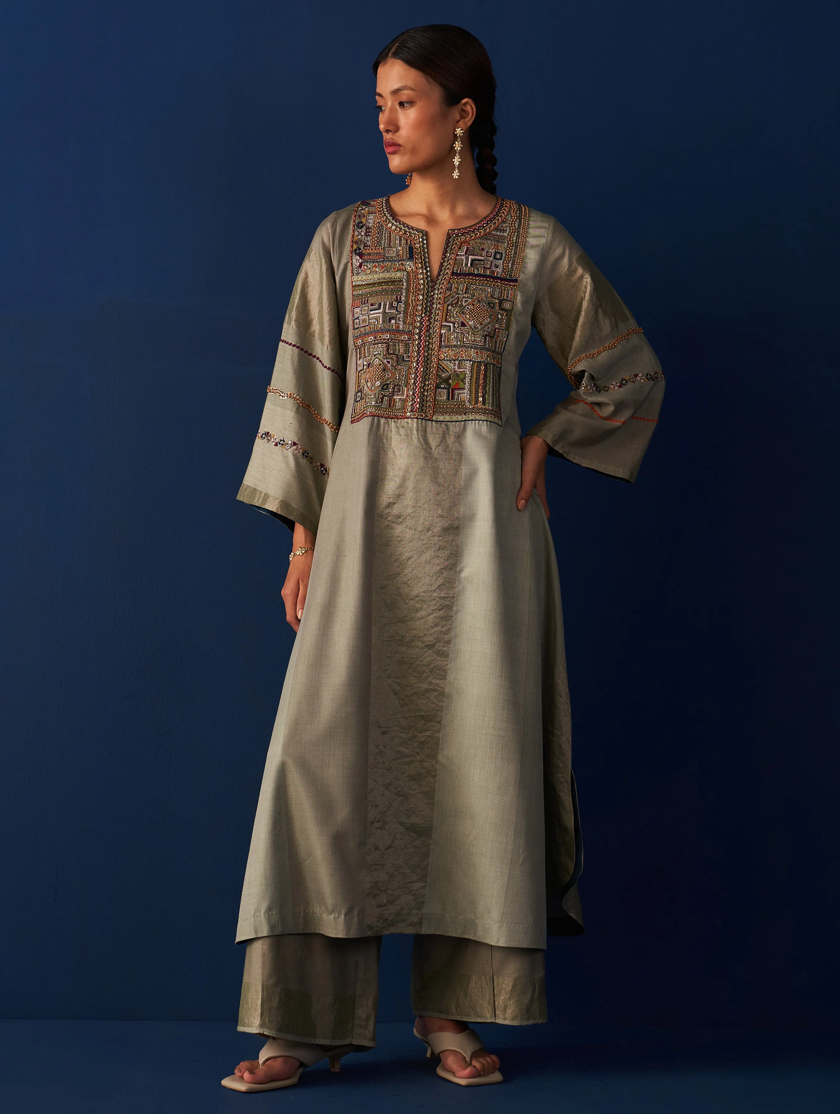 Nira Hand-Embroidered Silk Kurta - Sage Grey