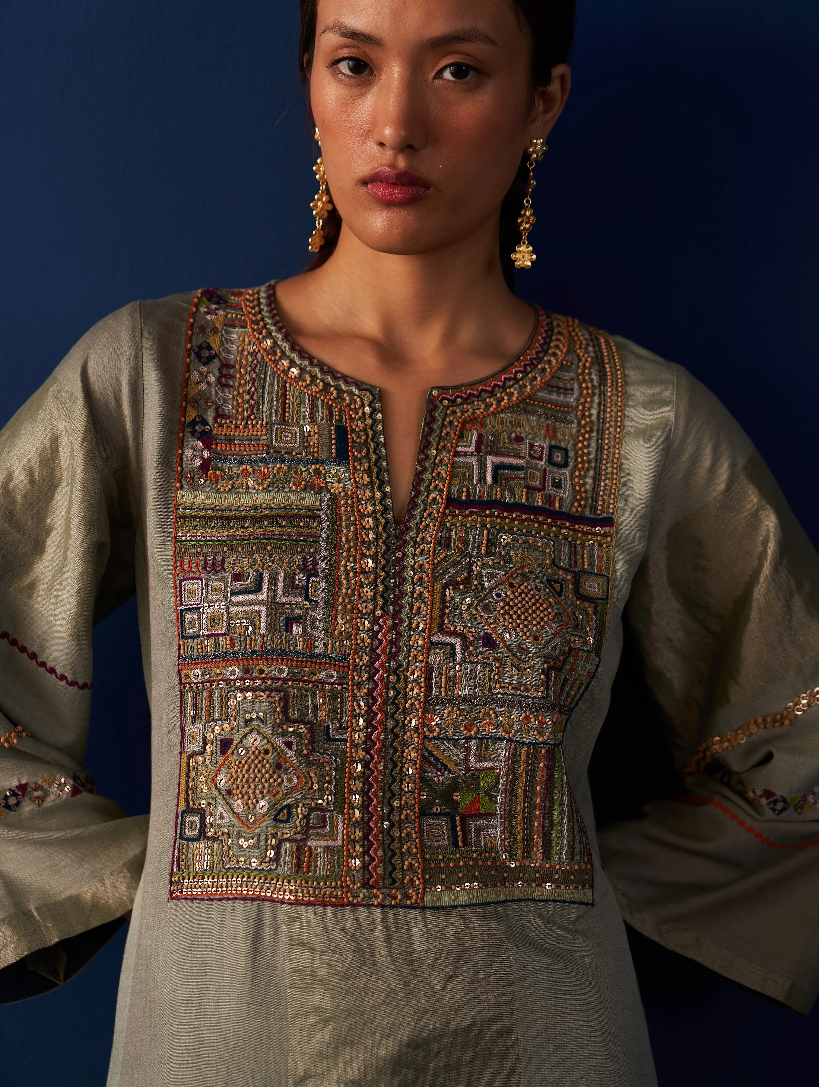 Nira Hand-Embroidered Silk Kurta - Sage Grey