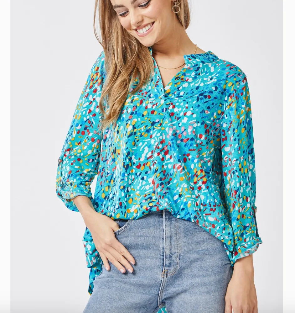 Noteworthy Aqua Speckled Multicolor Blouse