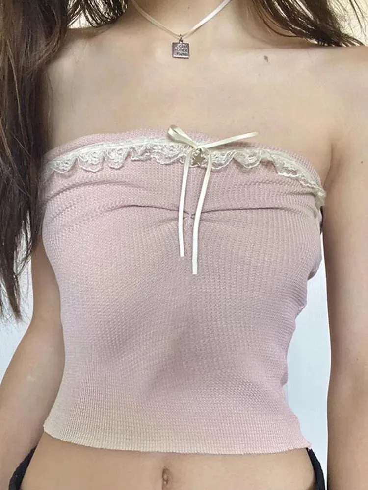 Off Shoulder Crop Kawaii Strapless Pink Tubes Vintage Bow Stitched Sleeveless Vest Women Y2k Summer Tank Top