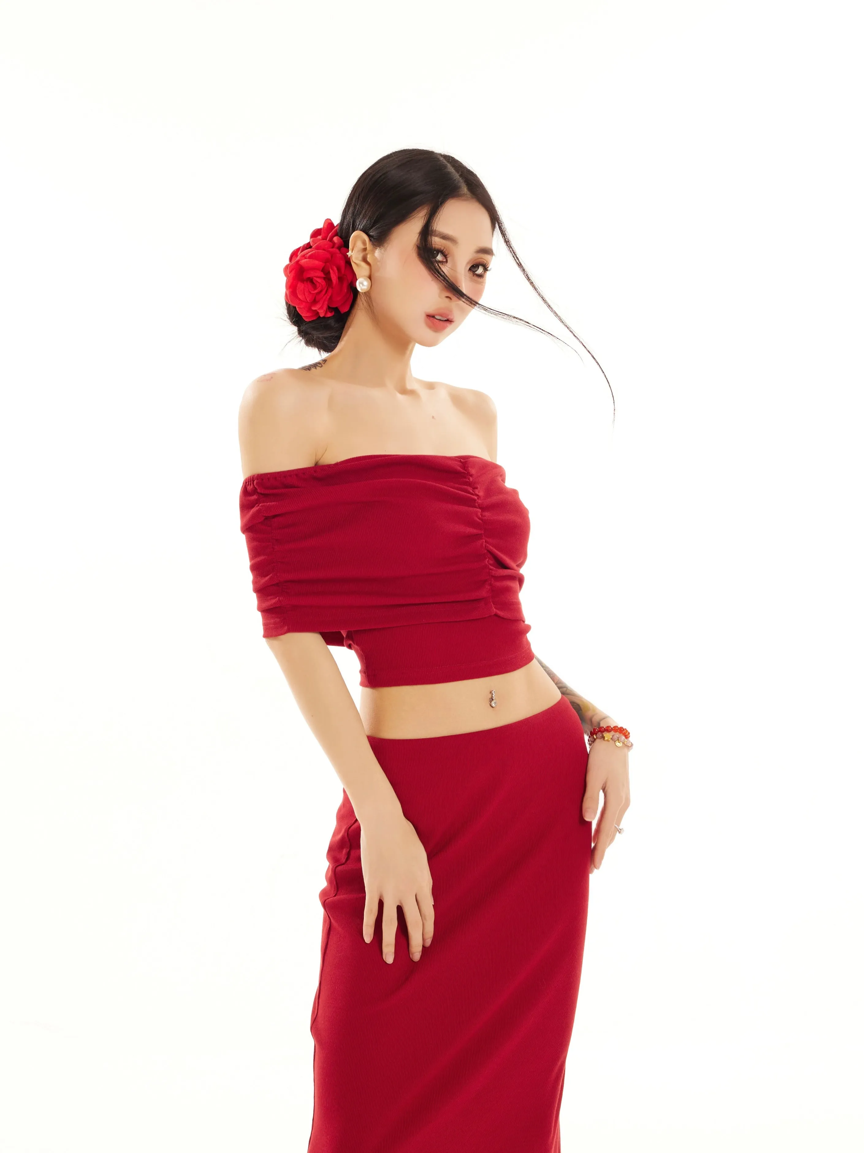 Off-Shoulder Layered Crop Top and Slim Maxi Skirt Set