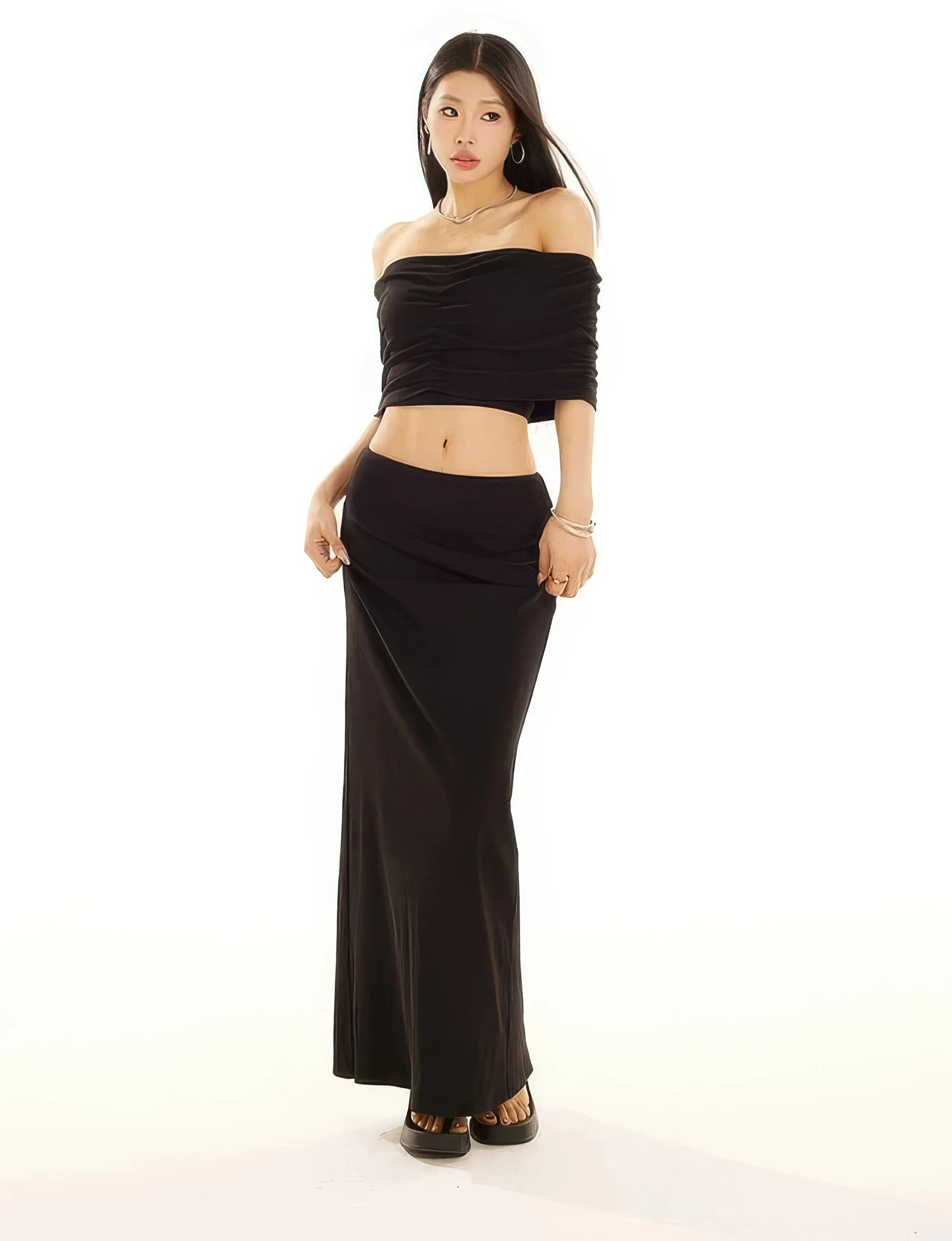 Off-Shoulder Layered Crop Top and Slim Maxi Skirt Set