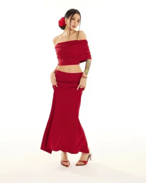 Off-Shoulder Layered Crop Top and Slim Maxi Skirt Set