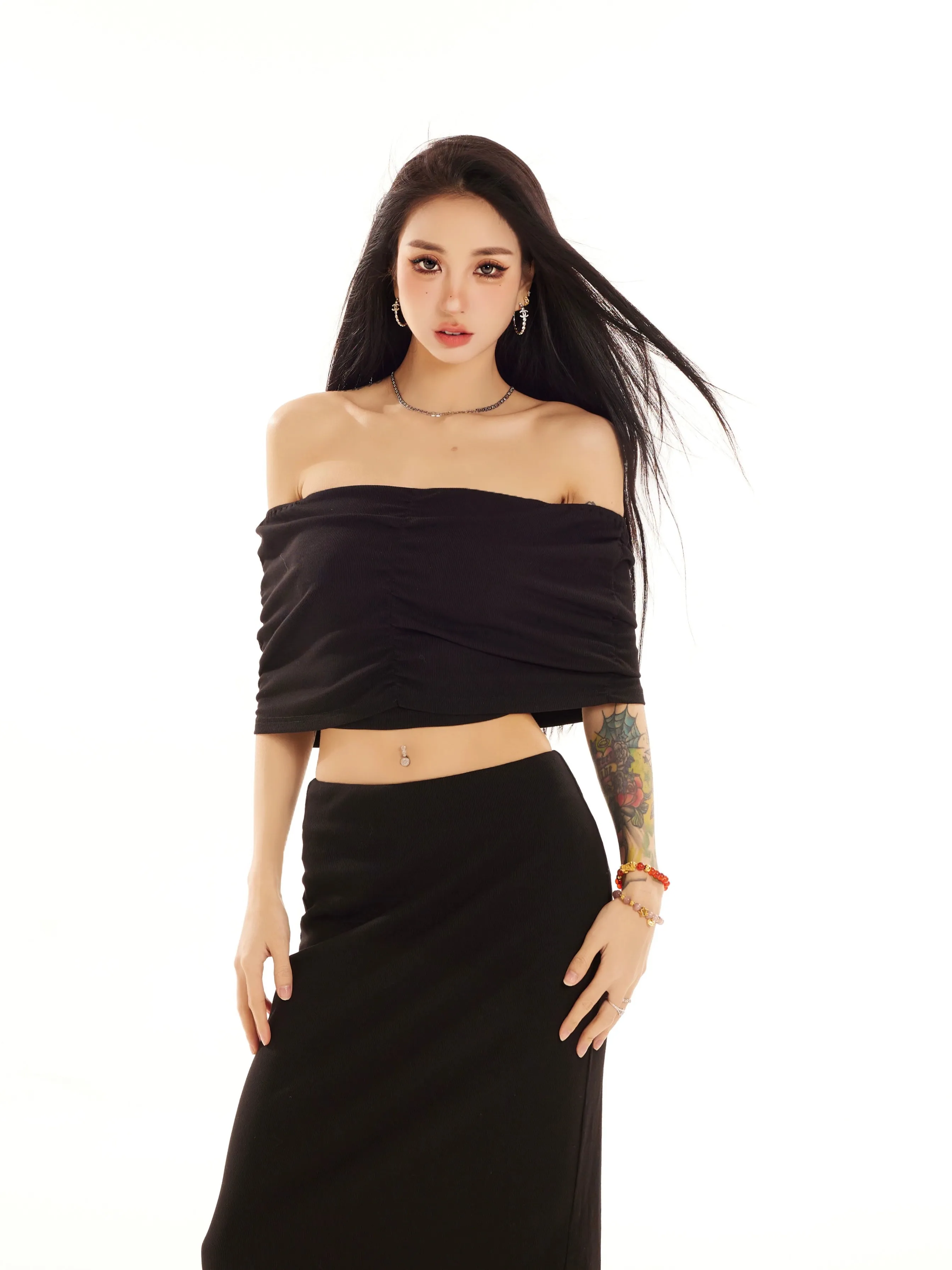 Off-Shoulder Layered Crop Top and Slim Maxi Skirt Set