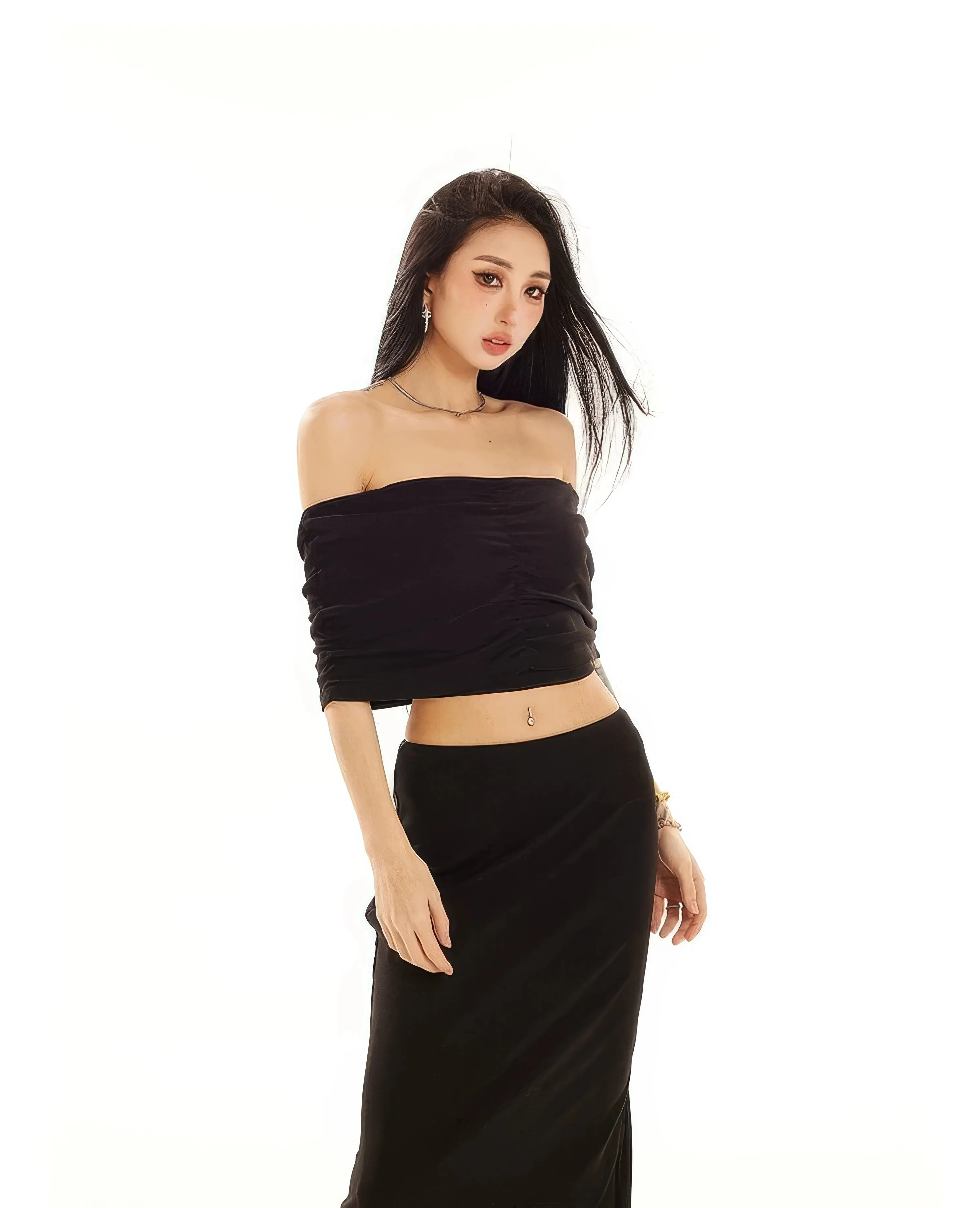 Off-Shoulder Layered Crop Top and Slim Maxi Skirt Set