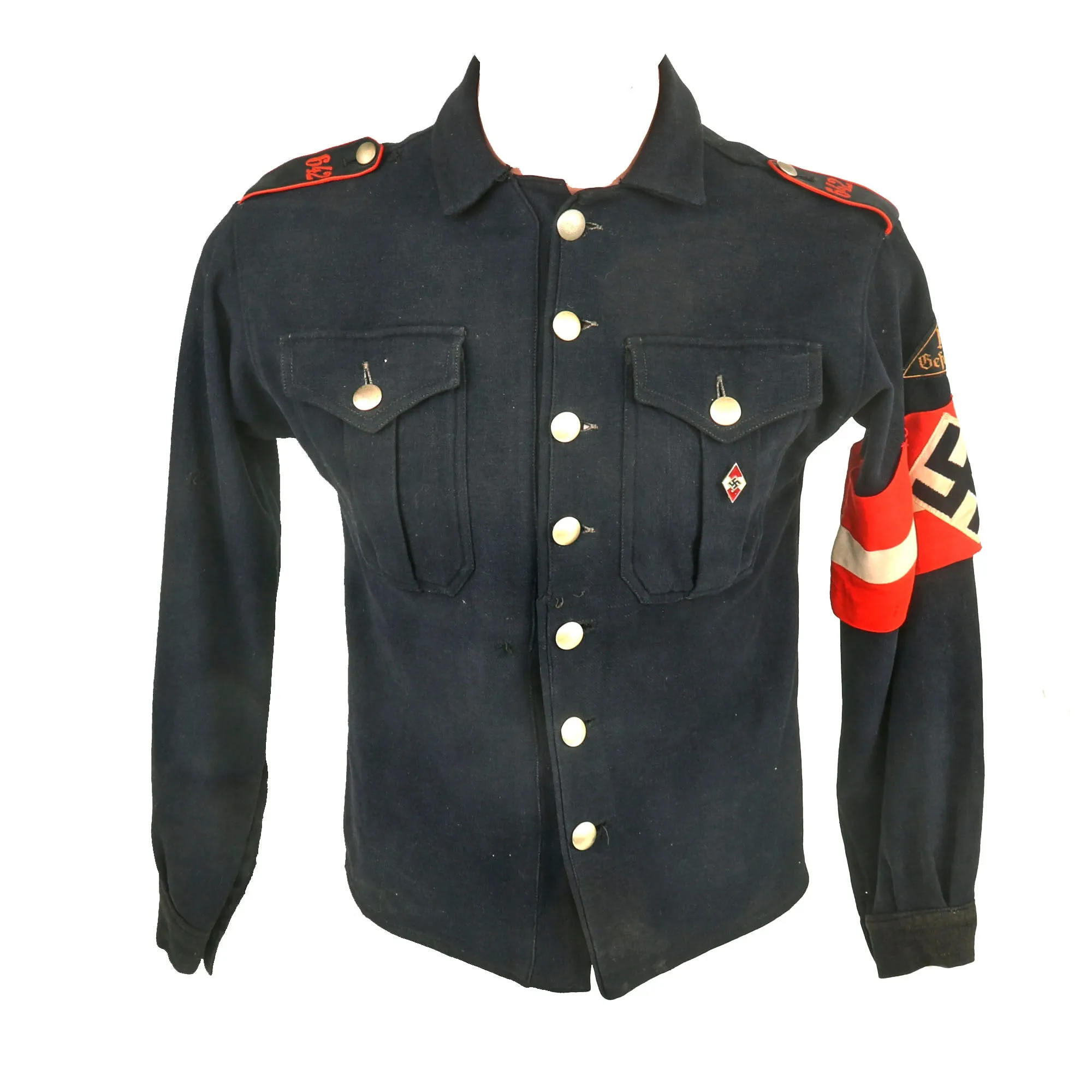 Original German WWII HJ National Youth Organization RJF-Gefolgschaft Blue Uniform Shirt with Membership Pin & Armband