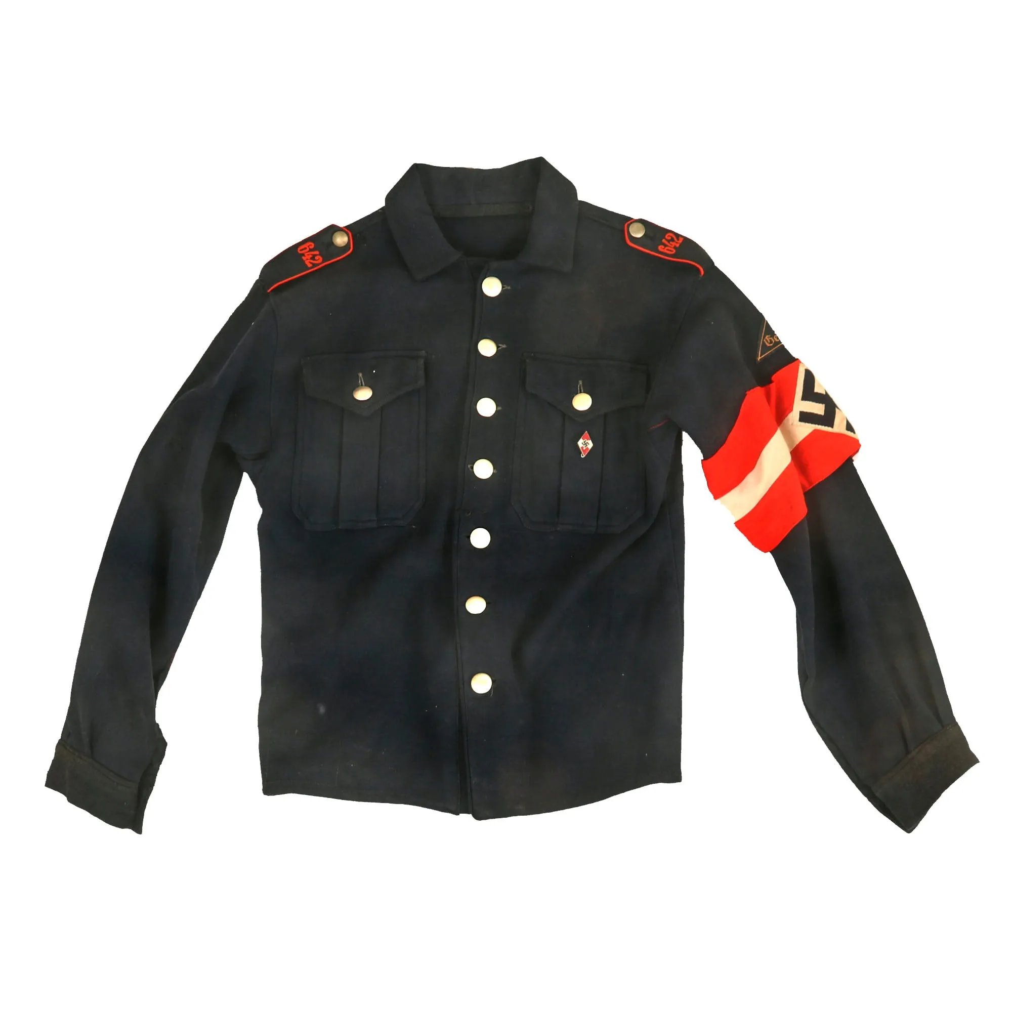 Original German WWII HJ National Youth Organization RJF-Gefolgschaft Blue Uniform Shirt with Membership Pin & Armband