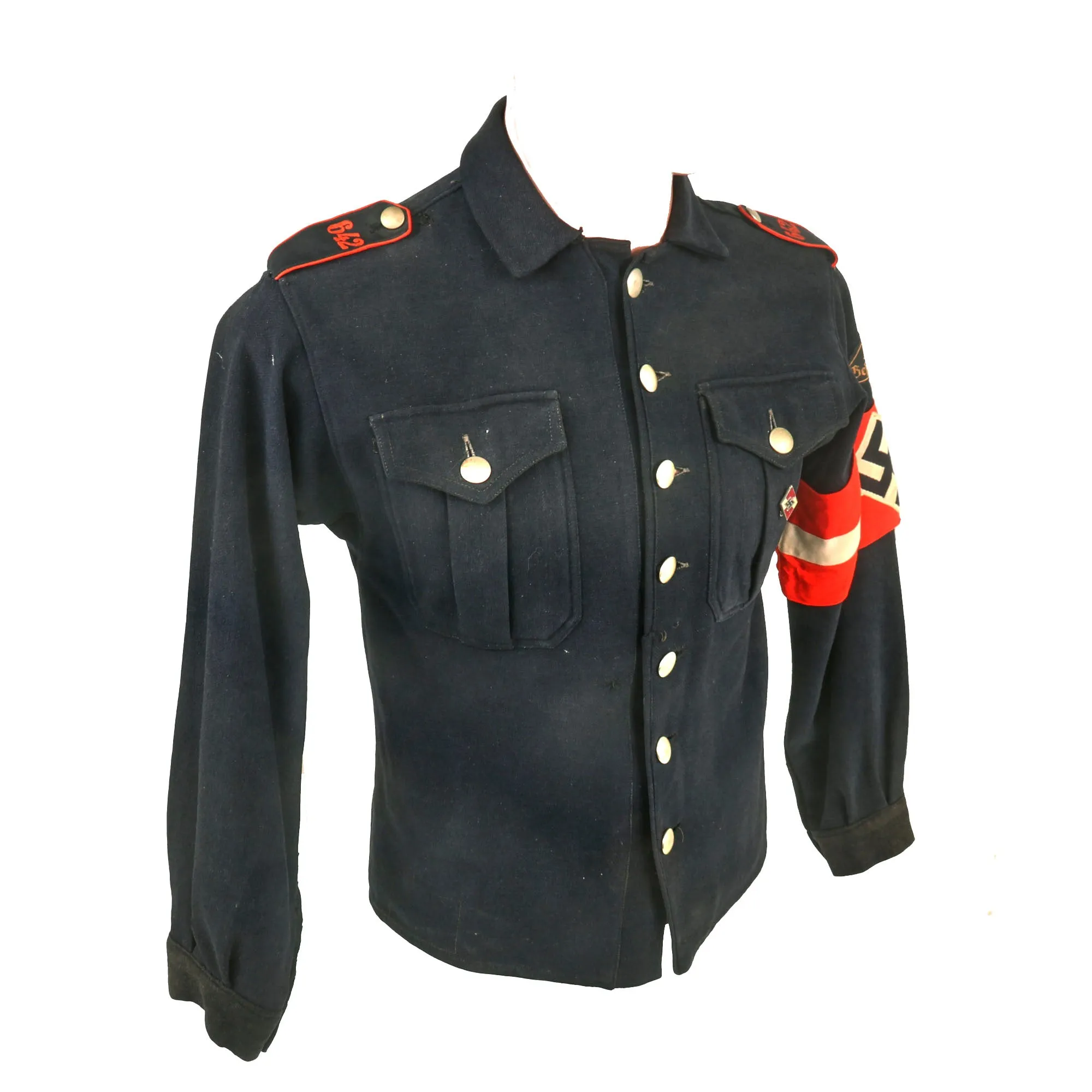 Original German WWII HJ National Youth Organization RJF-Gefolgschaft Blue Uniform Shirt with Membership Pin & Armband