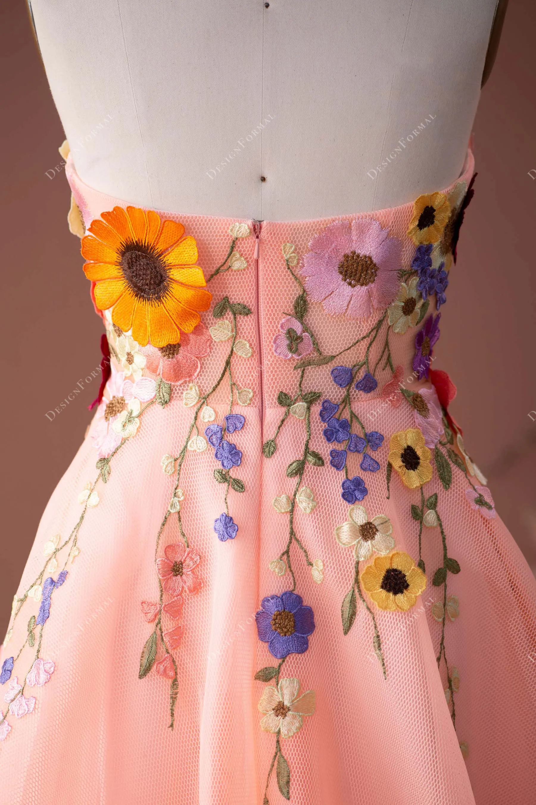 Peach Pink Flower Sweetheart A-line Fairy Prom Formal Dress