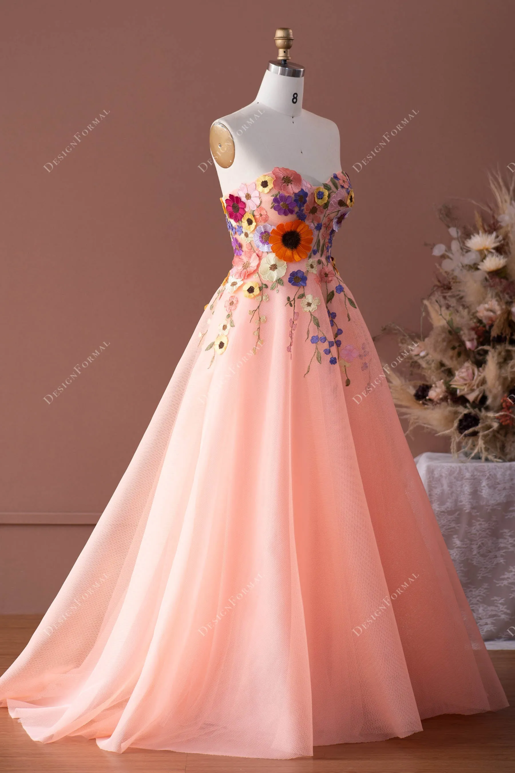 Peach Pink Flower Sweetheart A-line Fairy Prom Formal Dress