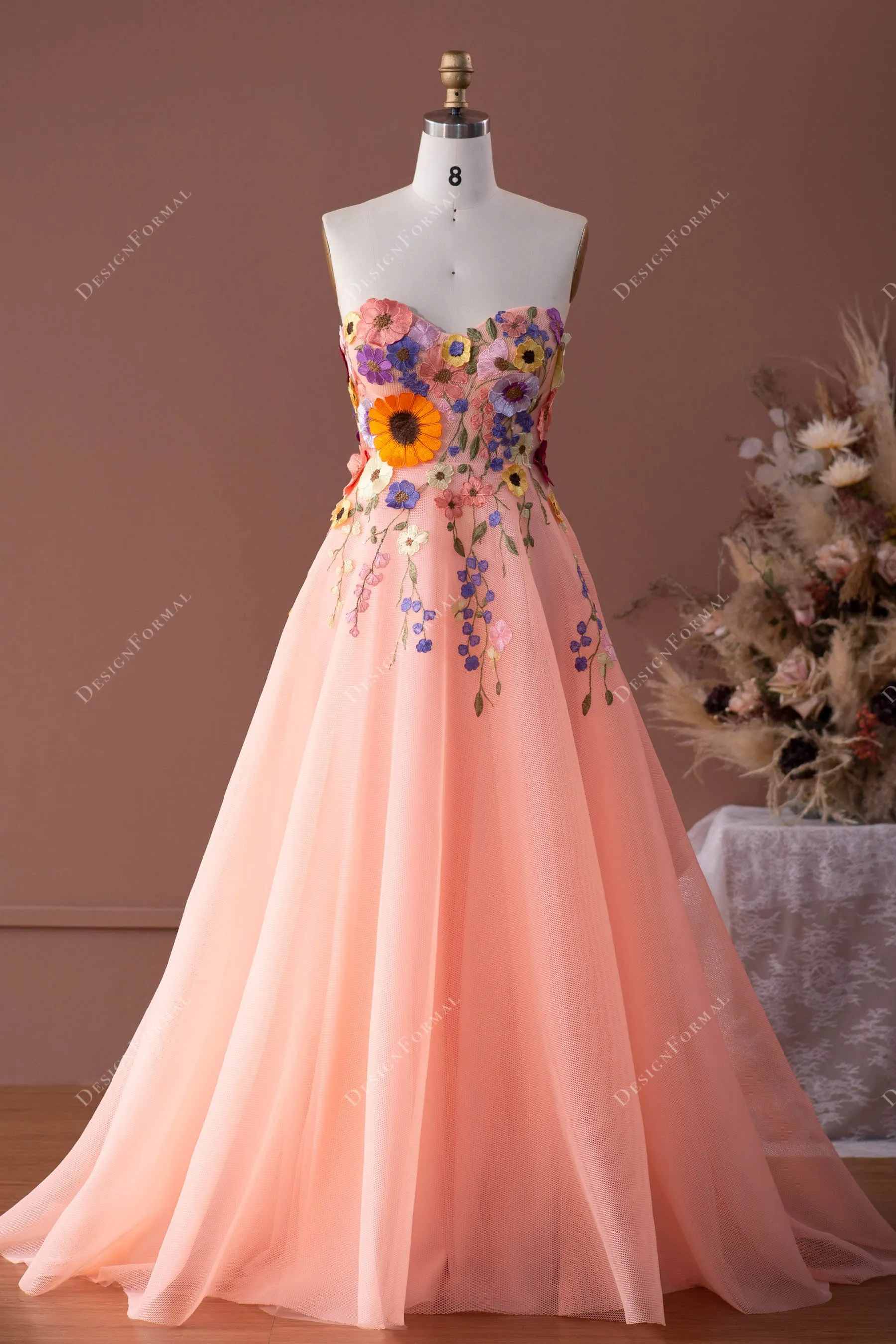 Peach Pink Flower Sweetheart A-line Fairy Prom Formal Dress