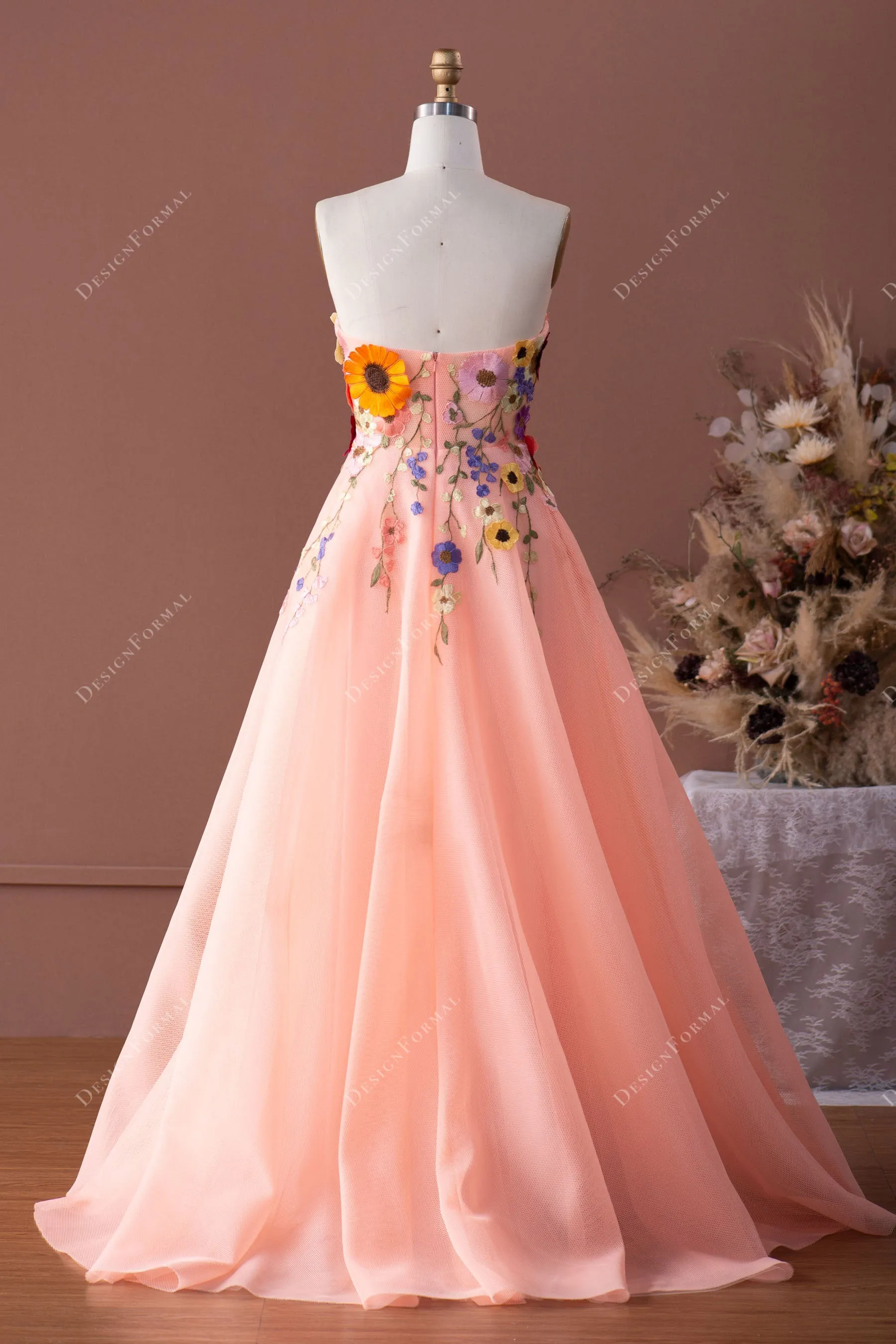 Peach Pink Flower Sweetheart A-line Fairy Prom Formal Dress