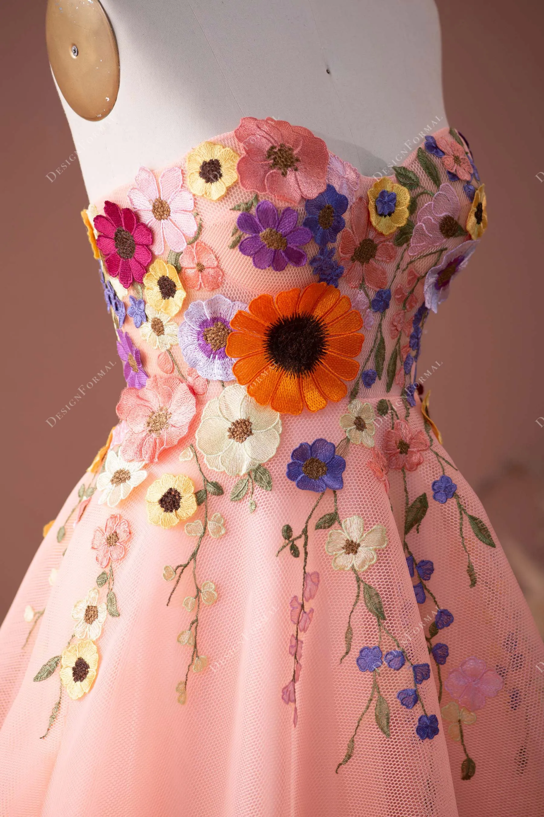 Peach Pink Flower Sweetheart A-line Fairy Prom Formal Dress