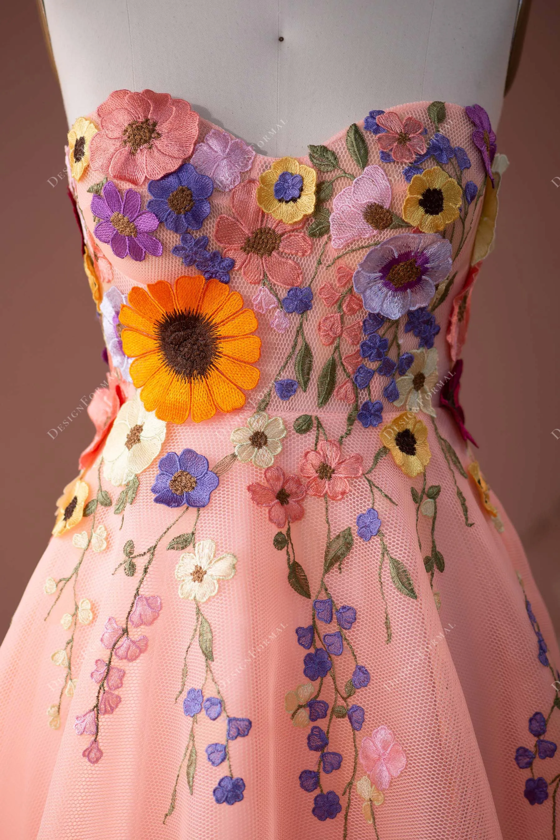 Peach Pink Flower Sweetheart A-line Fairy Prom Formal Dress